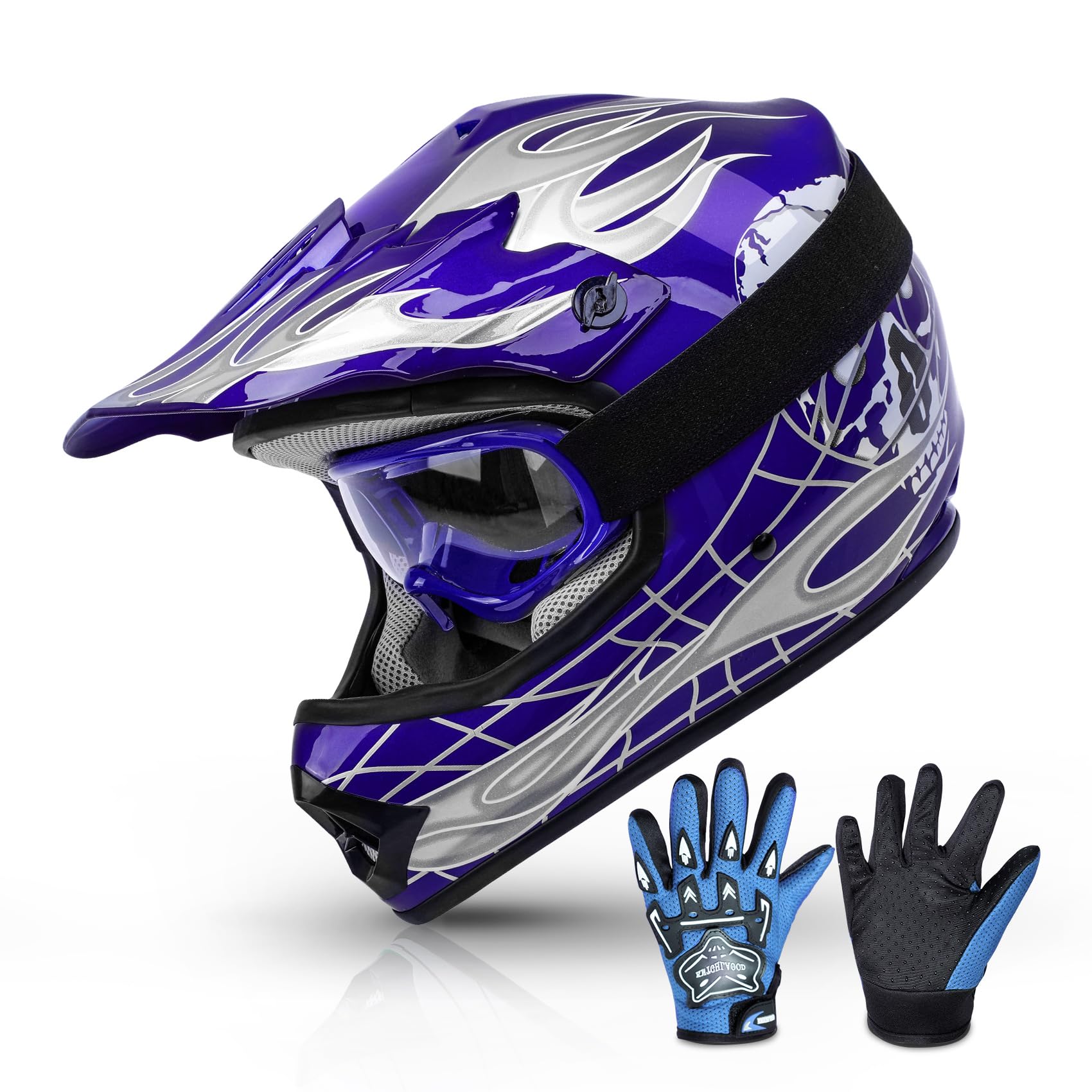 Tcmt Dot Youth & Kids Motocross Offroad Street Helmet Blue Skull Motorcycle Youth Dirt Bike Motocross Atv Helmet+Goggles+Gloves