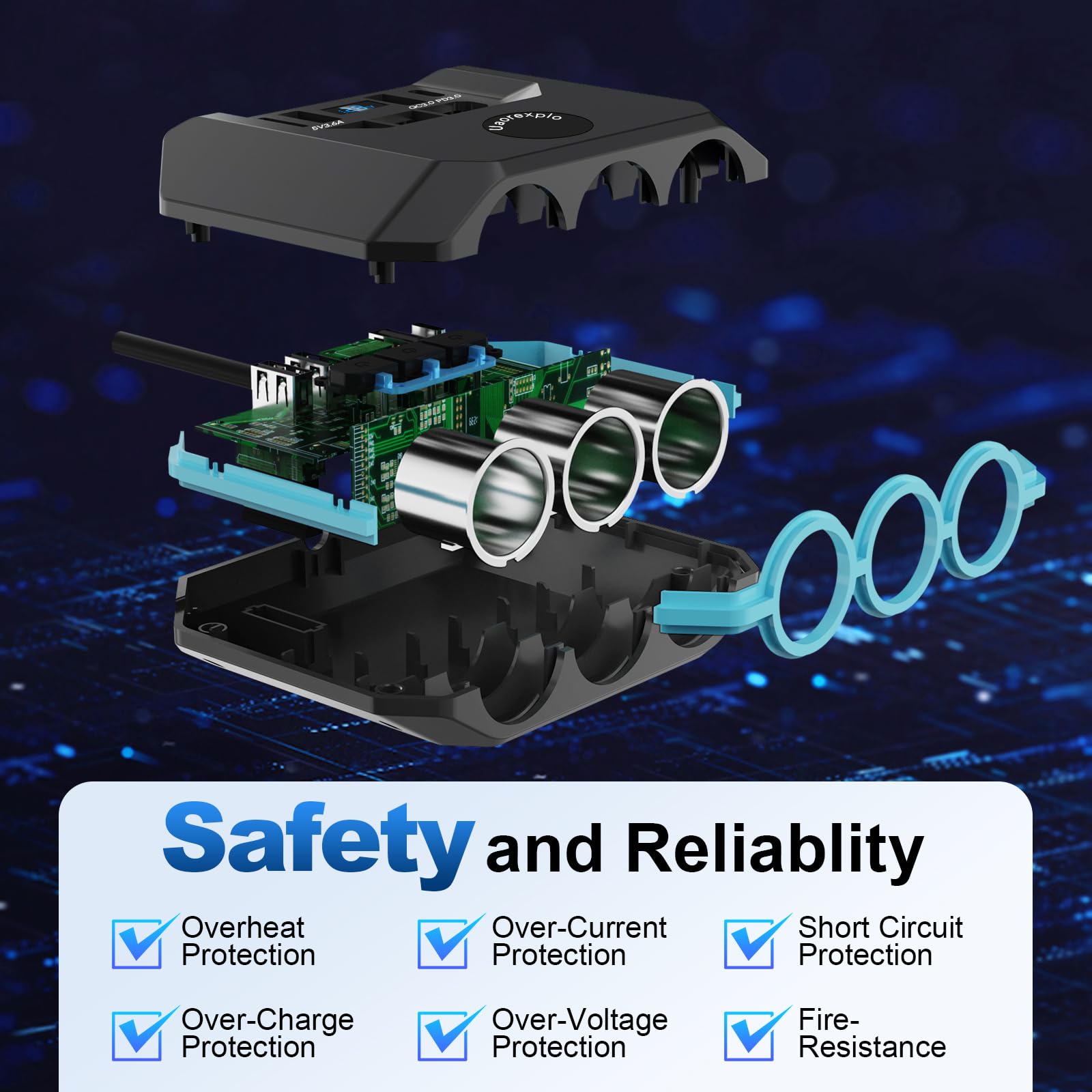 Uaorexplo 120W Car Cigarette Lighter Adapter Splitter, 3 Sockets & 4 USB (2 Quick Charge), LED Voltmeter, 30in Cable, Black