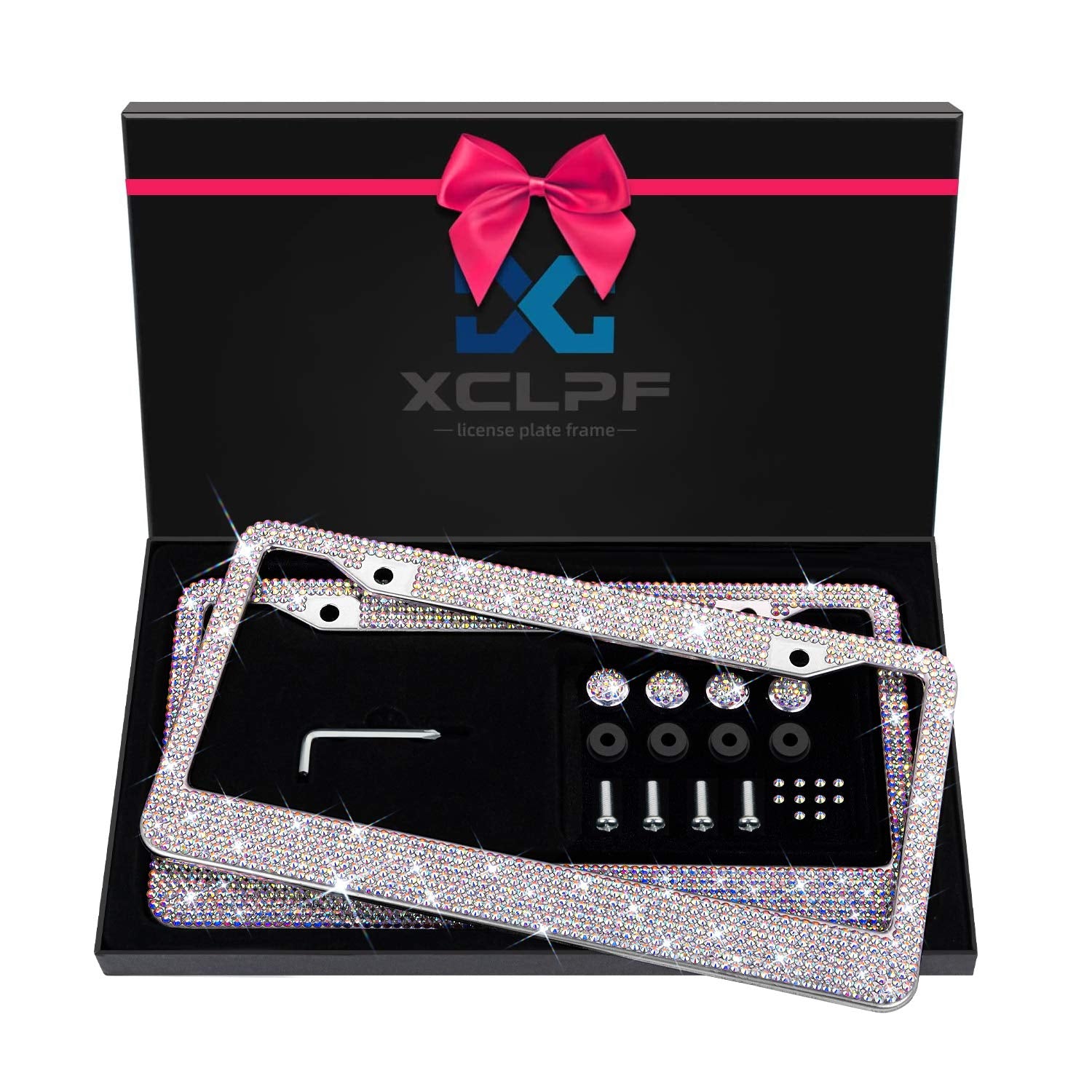 Bling License Plate Frame For Women, Sparkly Stainless Steel License Plate Frames| Over 1000 Pcs 14 Facets Bedazzled Clear Glass