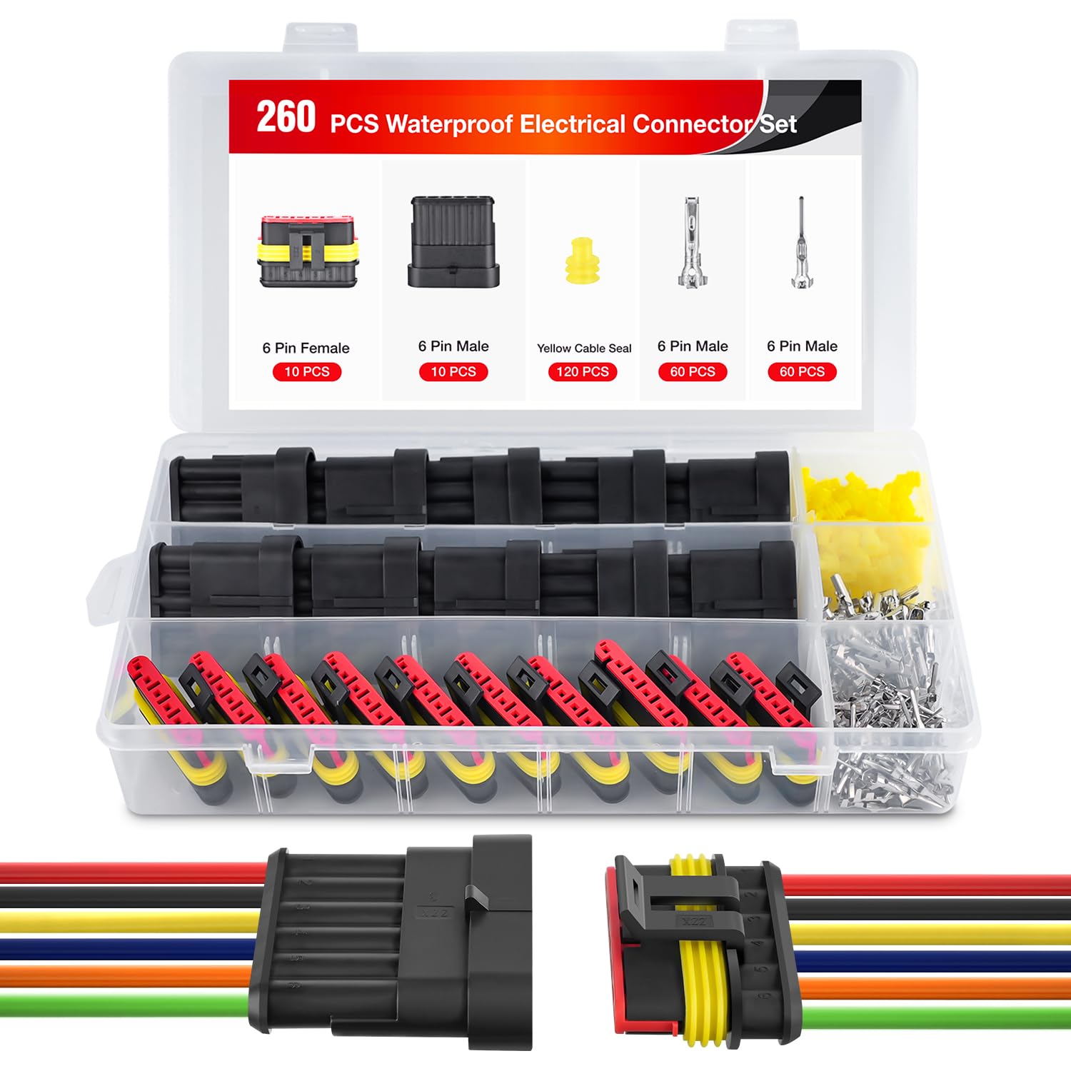 Nilight 260Pcs 6 Pin Electrical Connector Plug Male Female Terminal Wire Waterproof Connectors 6 Way Automotive Connect Set For