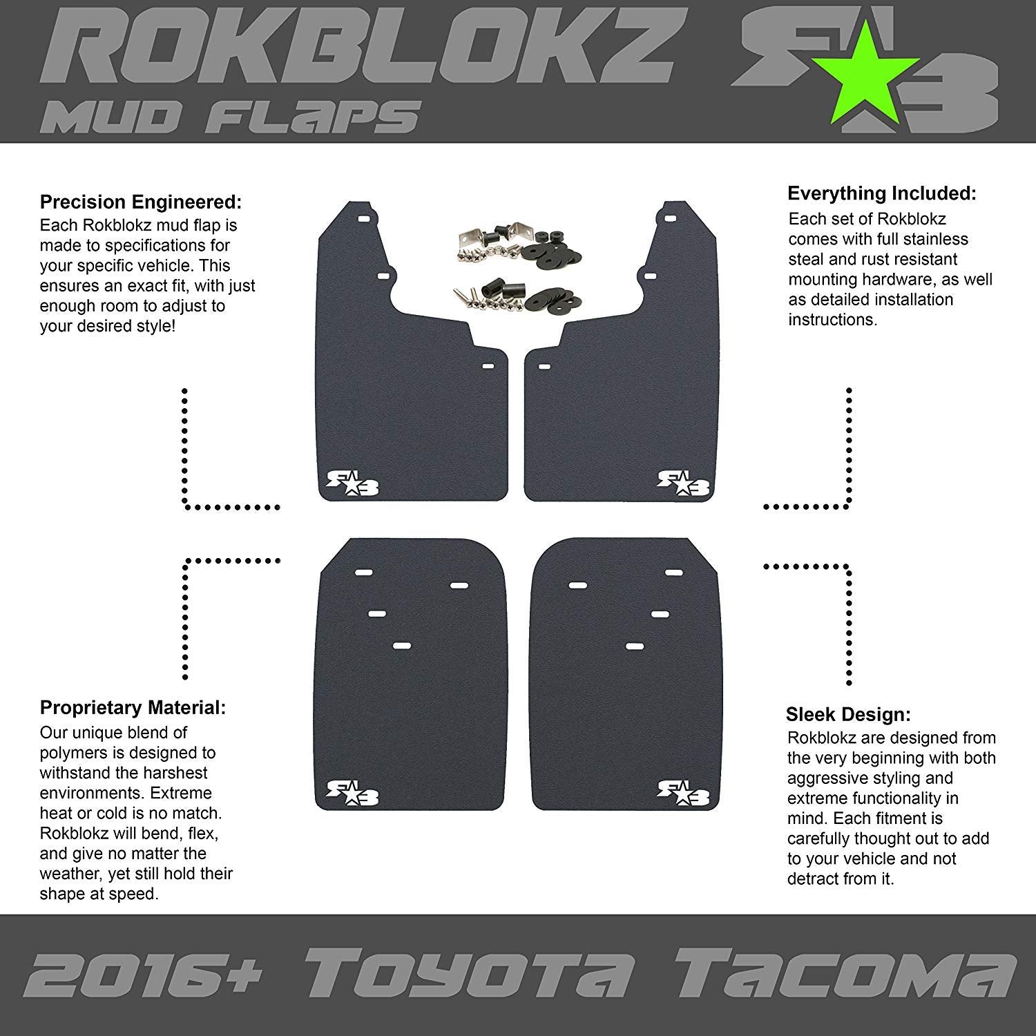 Rokblokz Mud Flaps For Toyota Tacoma - Fits 2016+ Model Years - Multiple Colors Available - Set Of 4 - Includes Hardware And Det