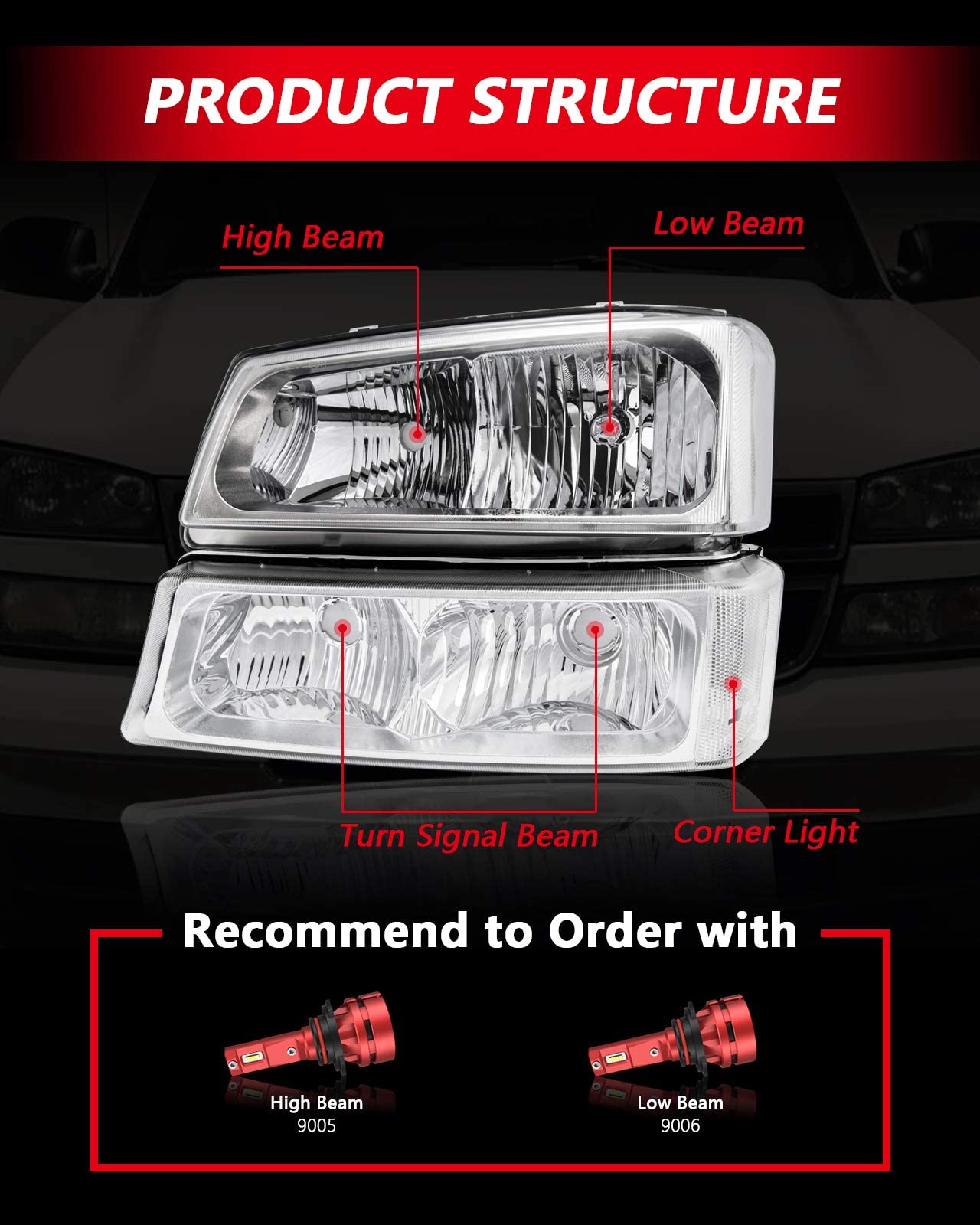 Torchbeam Silverado Headlight From, Replacement Headlight Assembly For 2003-2006 Silverado/Avalanche 1500/2500/3500 Chrome Housing Clear Reflector Clear Lens Driver And Passenger Side