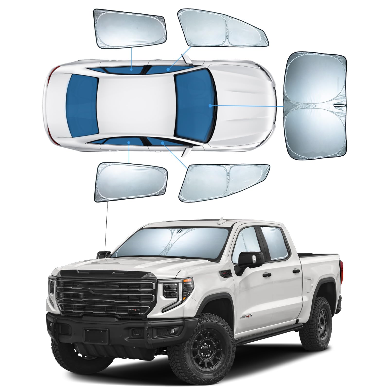 5 PCS Sun Shades for GMC Sierra 1500 2500 3500 Windshield Sunshade, 2-Layer Full Window Shades for Sierra 2019-2025 Front Rear S