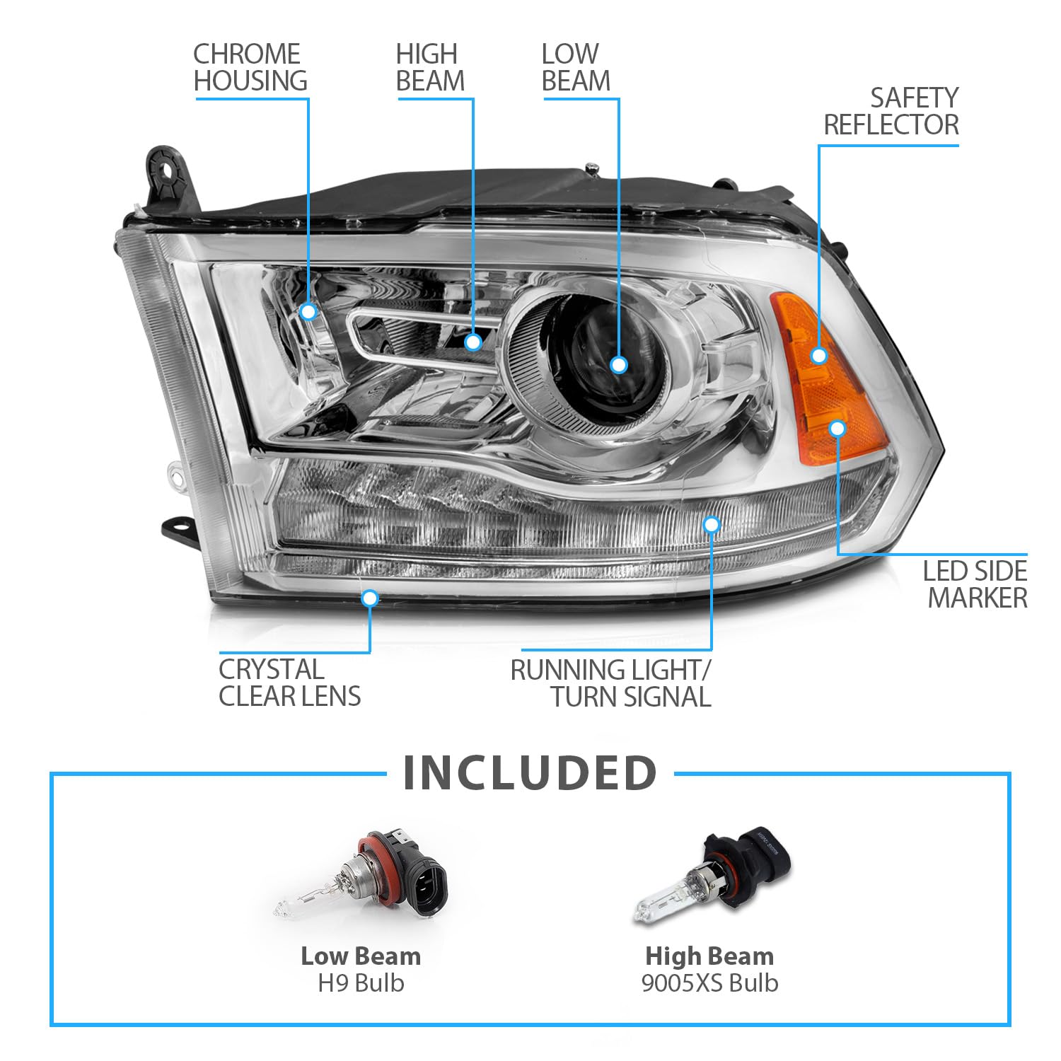 Amerilite For 2009-2018 Dodge Ram 1500 2500 3500 Truck Dual/Quad Projector Models Switchback Led Tube Chrome Replacement Project