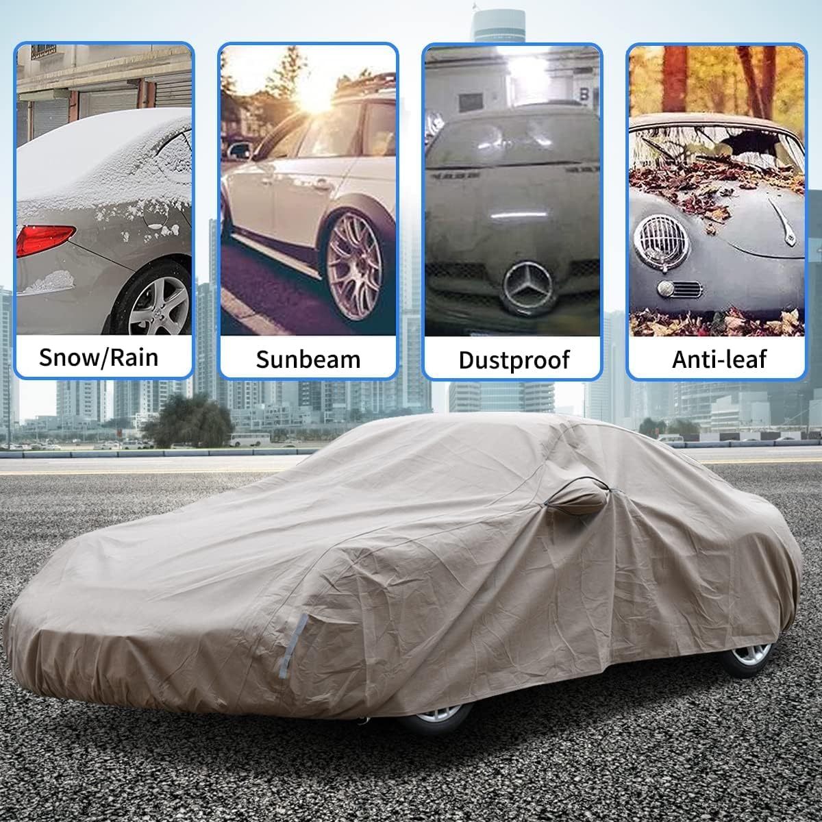 Tecoom Car Cover Waterproof All Weather, Non-Woven Breathable Outdoor Full Covers For Automobiles With Zipper Pockets Sun Uv Win