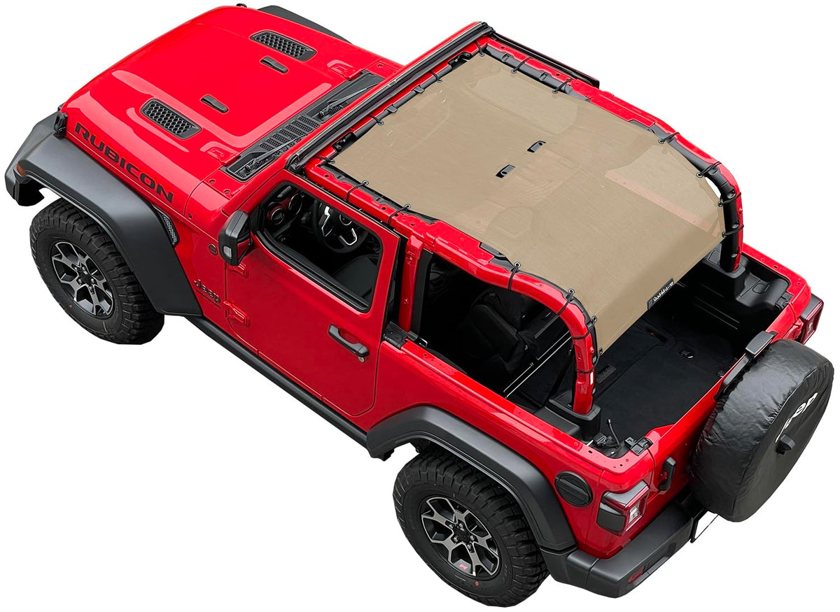 Shadeidea Sunshade Top For Jeep Wrangler Jl 2 Door (2018-2023) Sun Shade Front And Rear Trunk - Tan Mesh Screen Top Cover Uv Blo