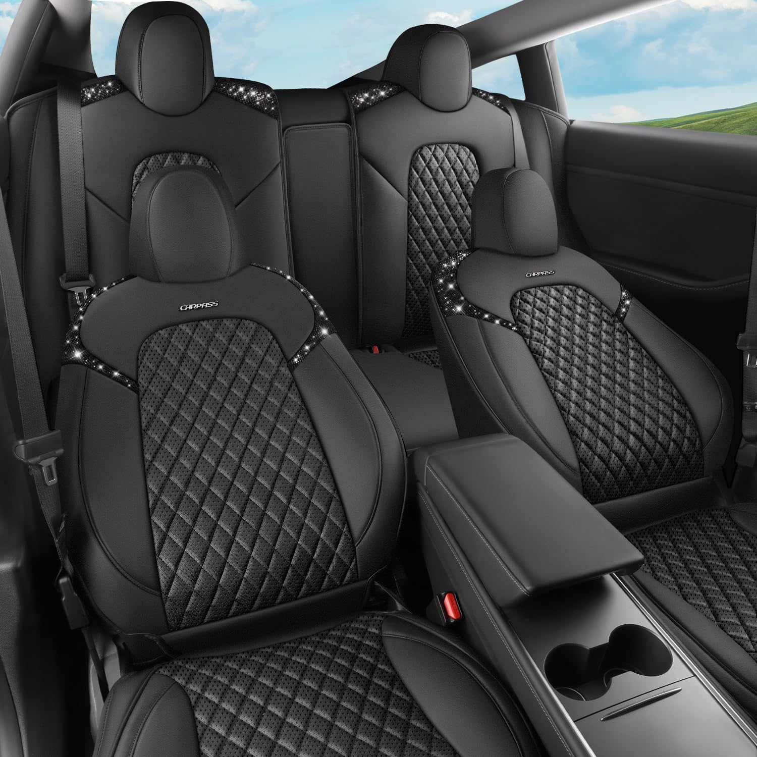 Car Pass Car Seat Covers For Tesla Model 3 Nappa Leather Bling Diamond Car Seat Protector Full Coverage Airbag Compatible Custom