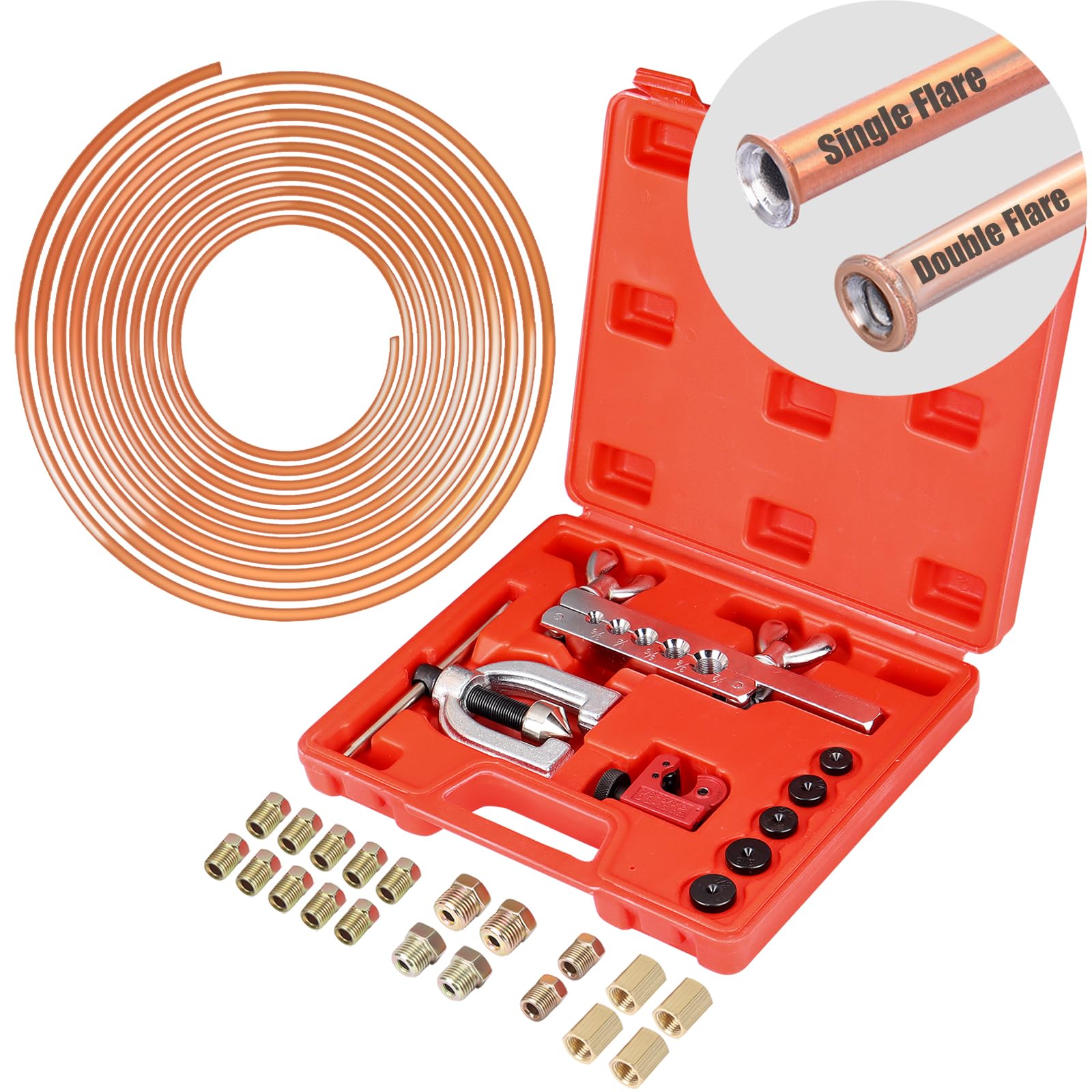 Jingtao88 Brake Line Kit, 3/16' Brake Line Flaring Tool Kit, Copper Coated Brake Line (With 16 Fittings And 4 Threads Unions) And Double & Single Flare Tool (With Tube Cutter And 5 Adapters)