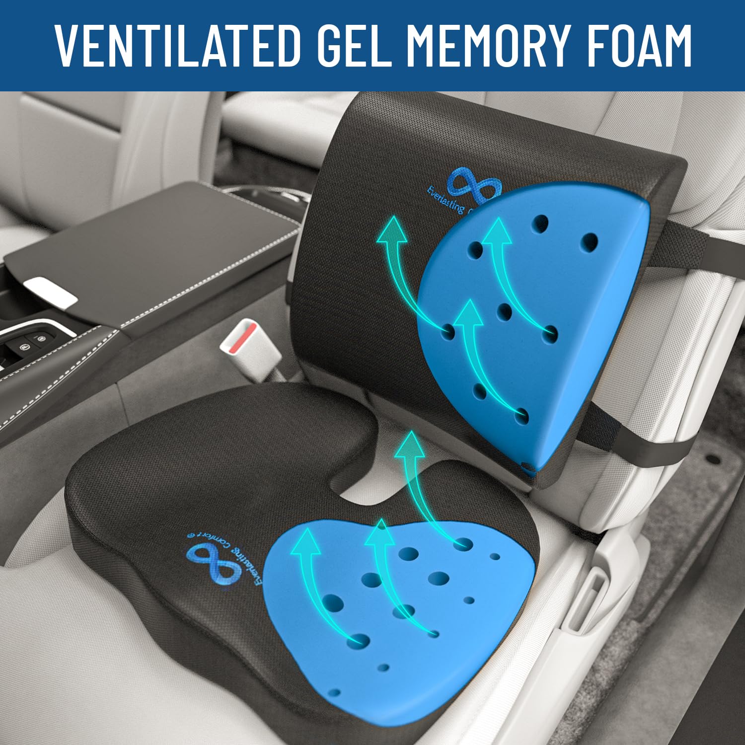 Everlasting Comfort Gel Infused Lumbar Support Pillow & Seat Cushion For Car Combo - Car Seat Cushions For Driving, Work - Ergon