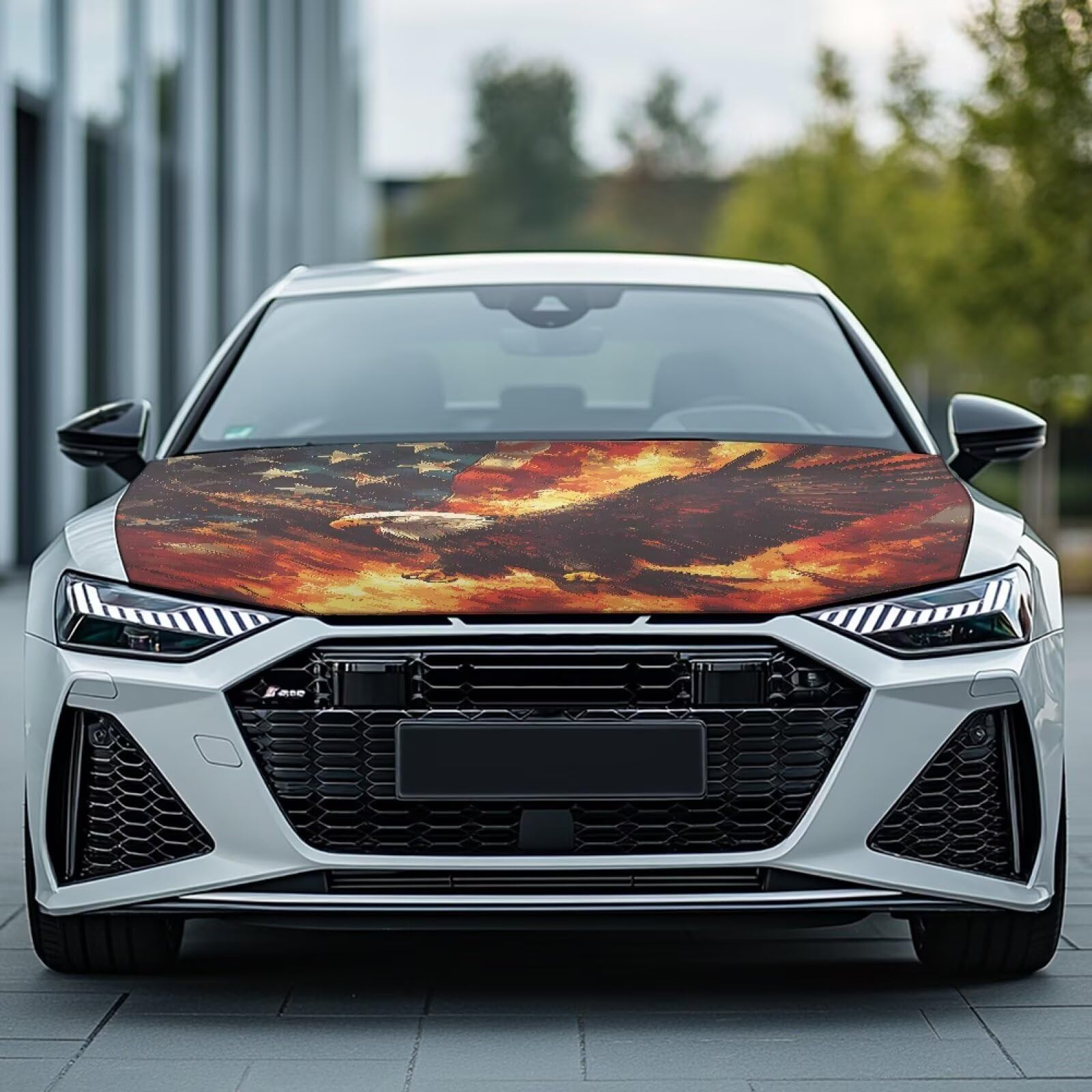Qiyupavto Car Hood Cover, Eagle American Flag Flame Design Car Hood Protector Auto Patriotic Decorations Waterproof Auto Hood Wr