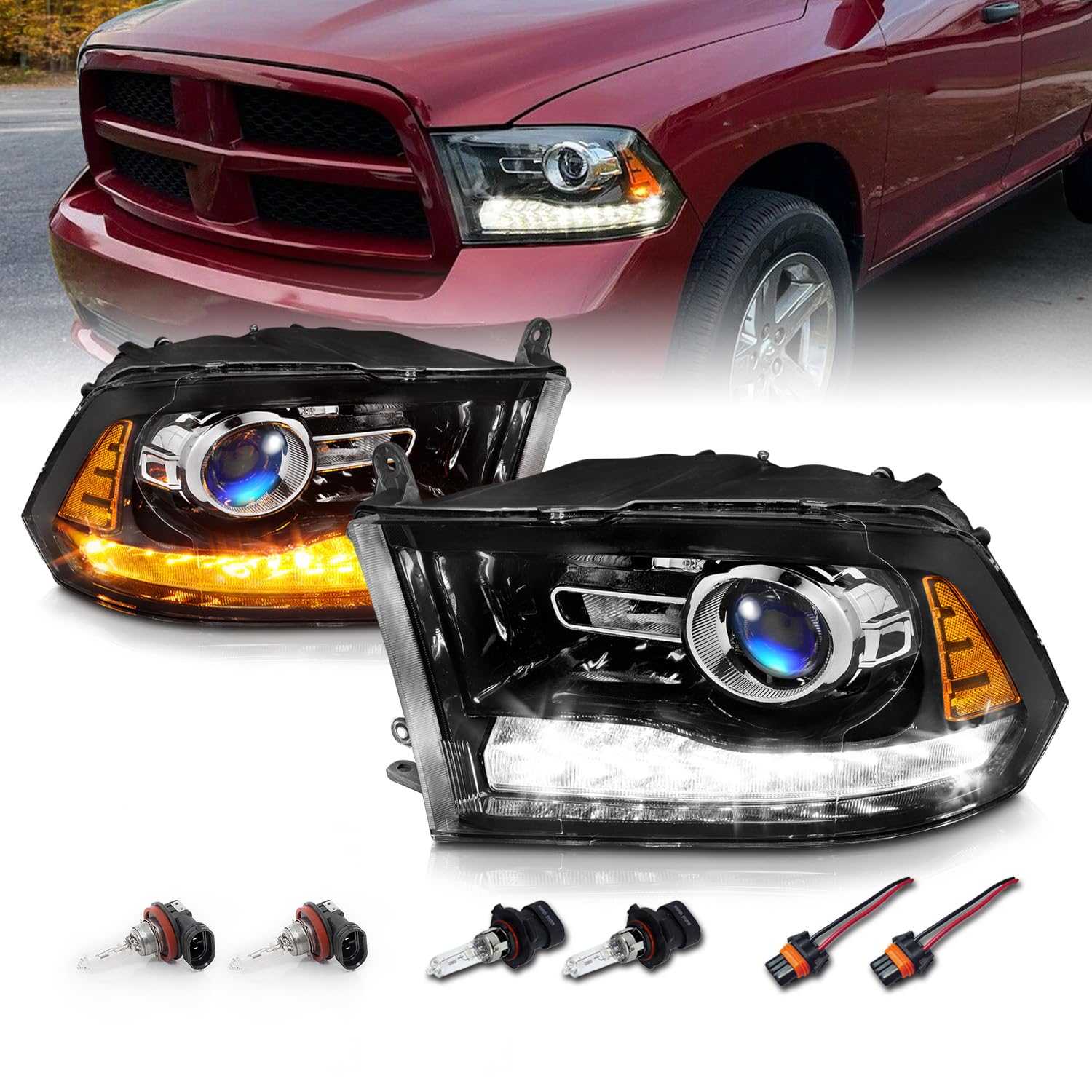 Amerilite Halogen, Led, Projector Headlights For 2009-2018 Dodge Ram 1500 2500 3500 Assembly Tube Turn Signal Set, Vehicle Light Assembly, Polished Black With Switchback Led