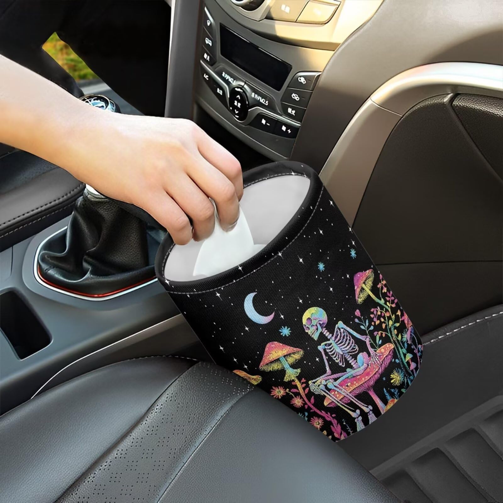Brosoneto Mushroom Skull Car Trash Bag - Portable Garbage Bin for Front Seat, Back Seat, Floor - Universal Collapsible Easy to C
