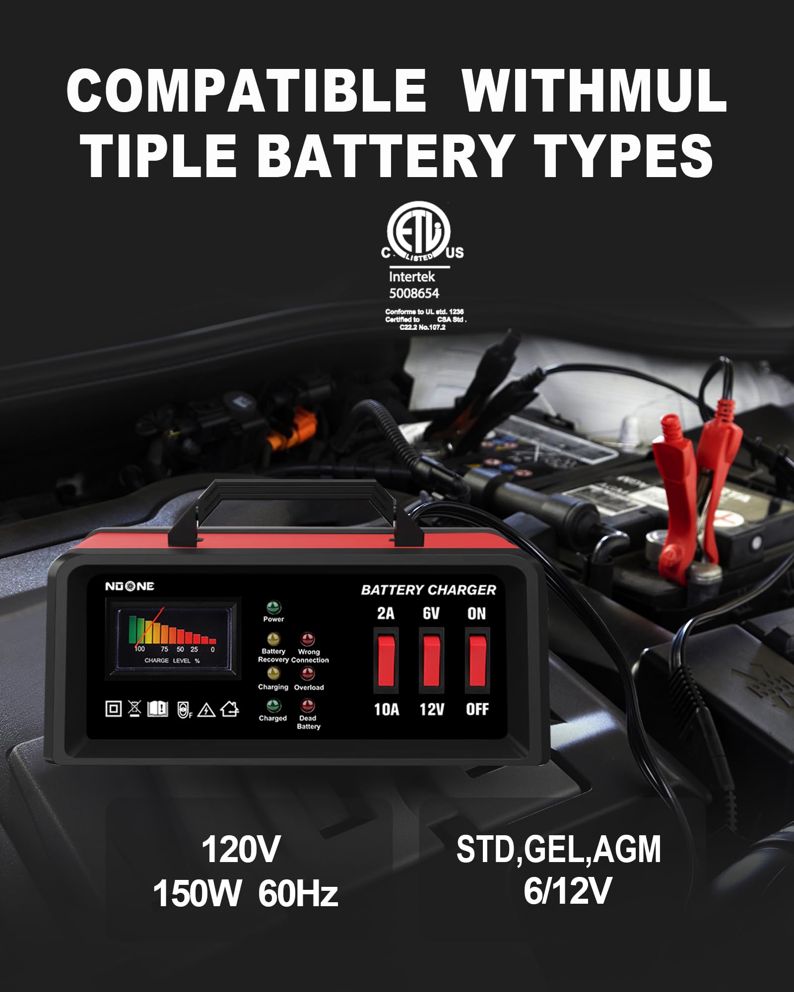 Noone 2A/10A Car Battery Charger, 6V/12V Battery Charger Automotive, Motorcycle Trickle Charger, Desulfator Float Charger And For Agm, Efb, Std,Lead Acid Batteries