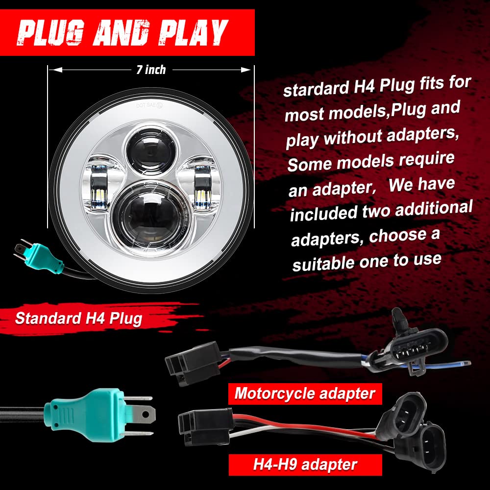 Tugwuetlwu 7'' Led Headlight 4.5'' Auxiliary Fog Lights Kit For Motorcycle Compatible With Harley Davidson Road King Electra Gli