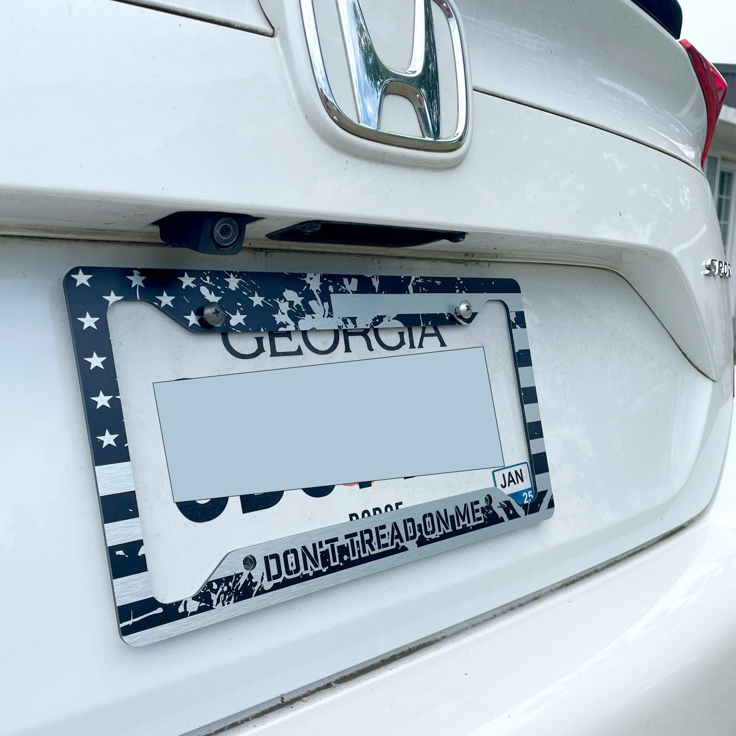 JASS GRAPHIX Don't Tread On Me License Plate Frame Set - Brushed 12"x6" Patriotic Car Accessories - Gadsden Flag Design