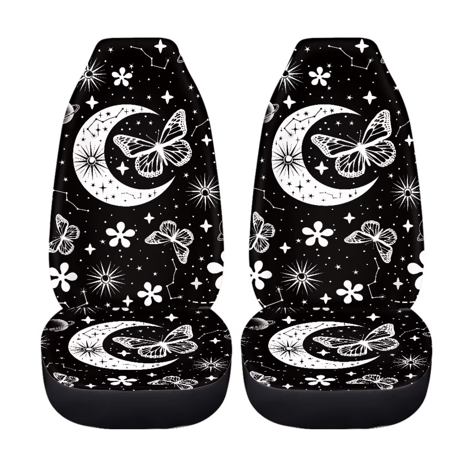 Bigcarjob Moon Butterfly Car Seat Cover Set For Front Seat Only,2 Pack Black Butterfly Auto Front Seat Protector Saddle Blanket