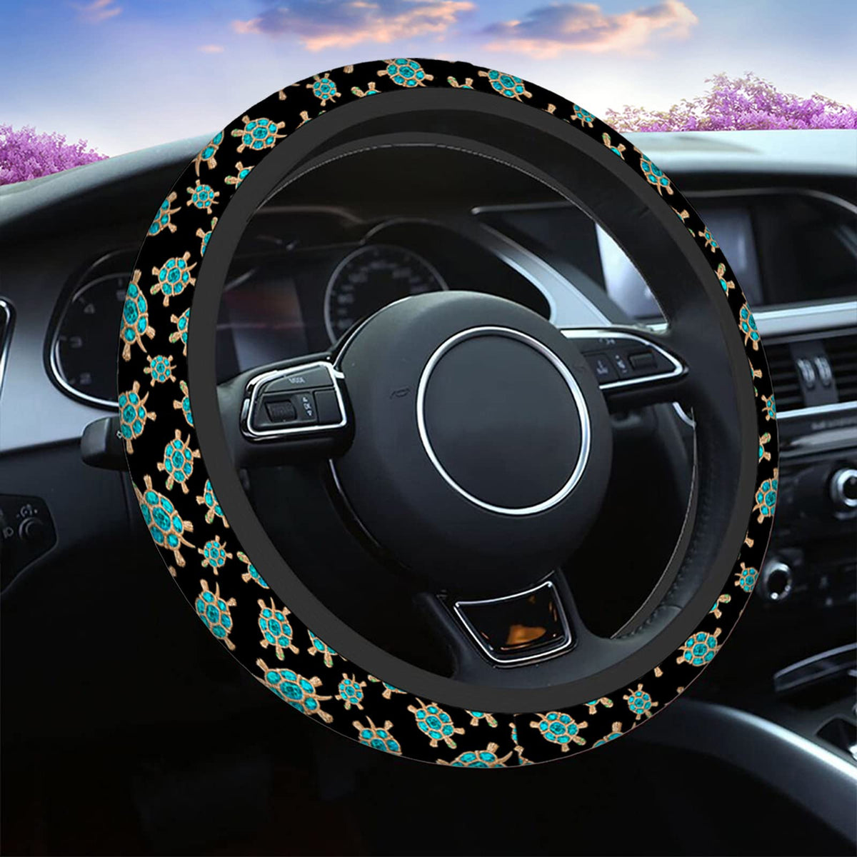 Swono Turtle With Stones Blue Car Neoprene Steering Wheel Cover Jewelry In The Form Of A Turtle With Blue 15 Inch Anti-Slip Whee