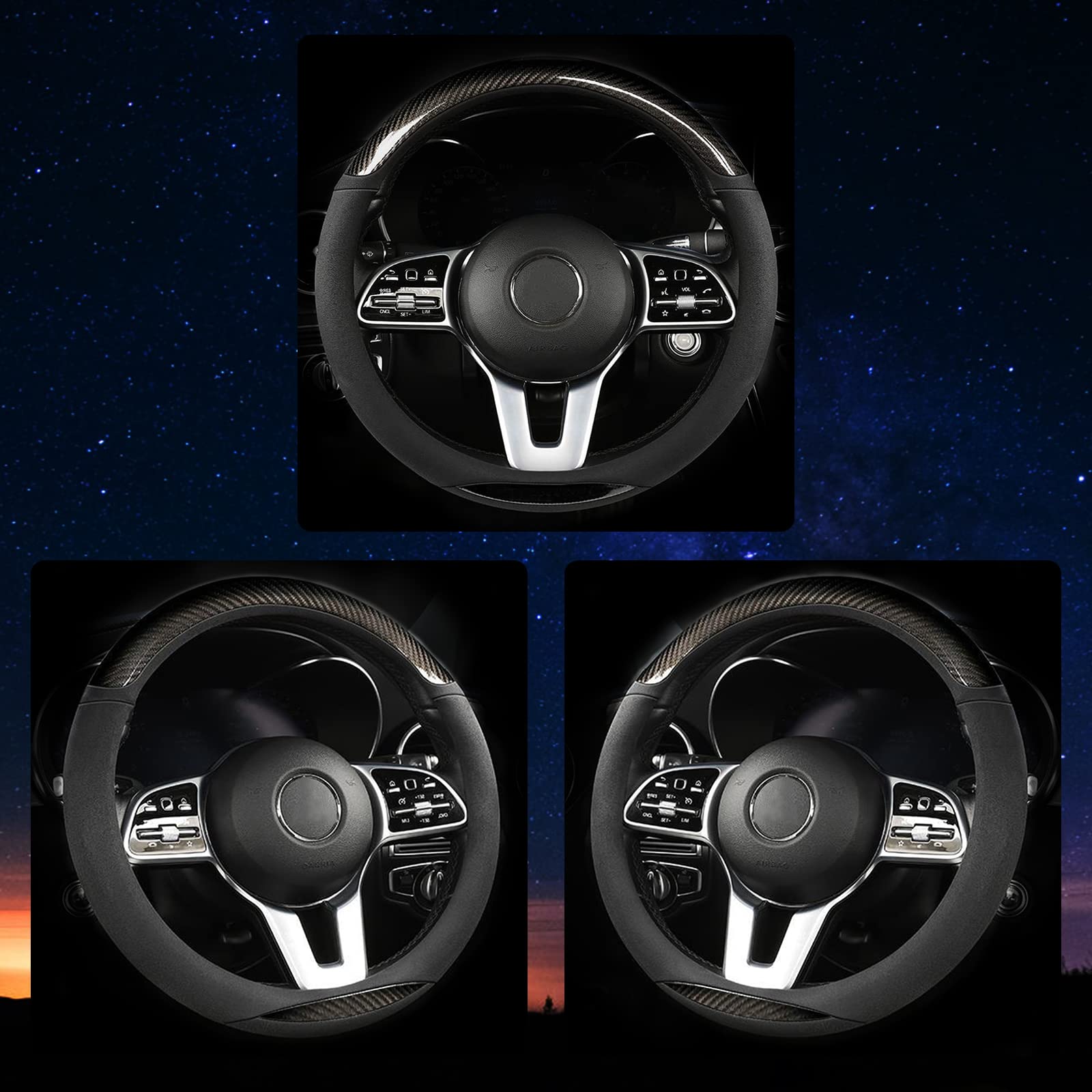 ZHOL Carbon Fiber Suede Steering Wheel Cover Universal 15 Inch Car Interior Accessories Comfortable Anti-Slip and Odorless Car S