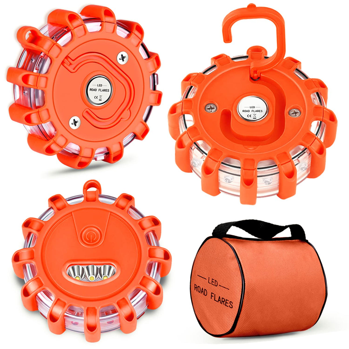 Tobfit 3 Pack Led Road Flares Emergency Lights Roadside Safety Beacon Disc Flashing Warning Flare Kit With Magnetic Base & Hook