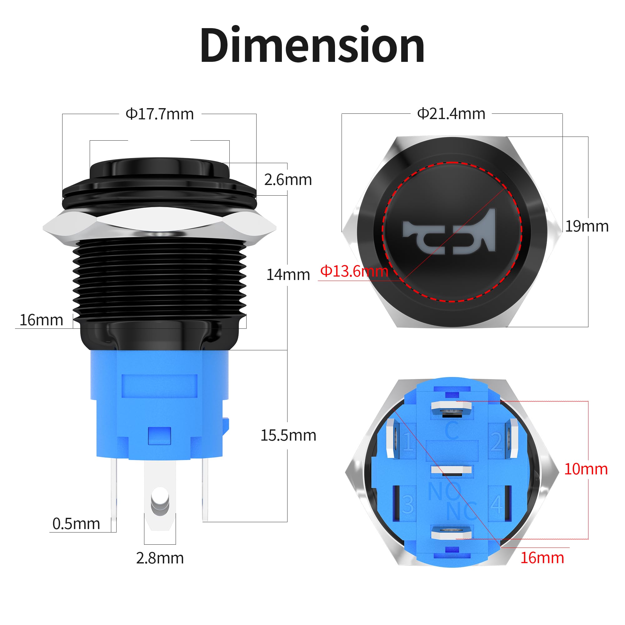 Daiertek Horn Switch 12V 16Mm Marine Horn Switch Red Led Lighted Horn Button Switch Momentary 12 Volt Speaker Stainless Steel Waterproof Push Button For Boat Auto Car