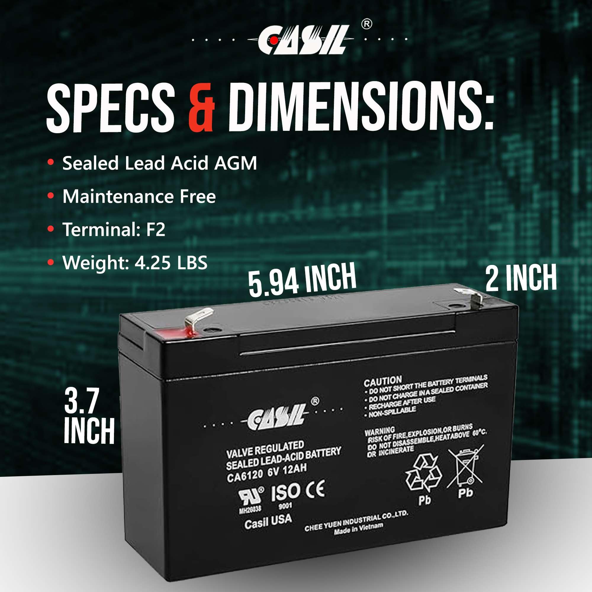 Casil 6 Volt 12 Amp Rechargeable Sealed Lead Acid 6V 12Ah Battery F2 Terminals 2 Pack