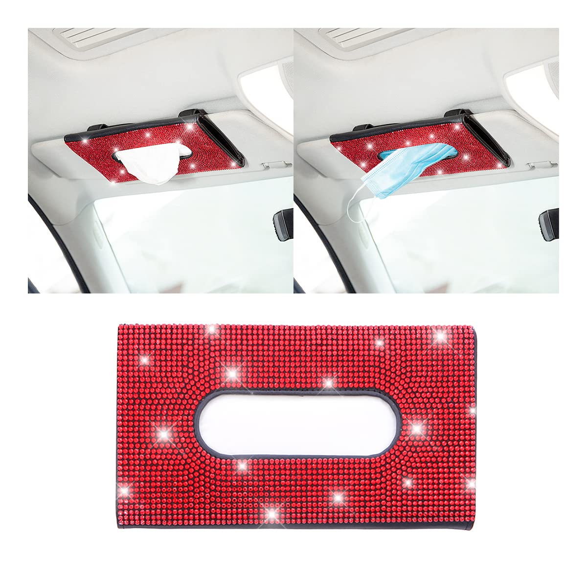 BLAU GRUN Bling Car Sun Visor Tissue Box Holder, Rhinestone PU Leather Crystal Sparkling Napkin Holder, Backseat Paper Towel Cov