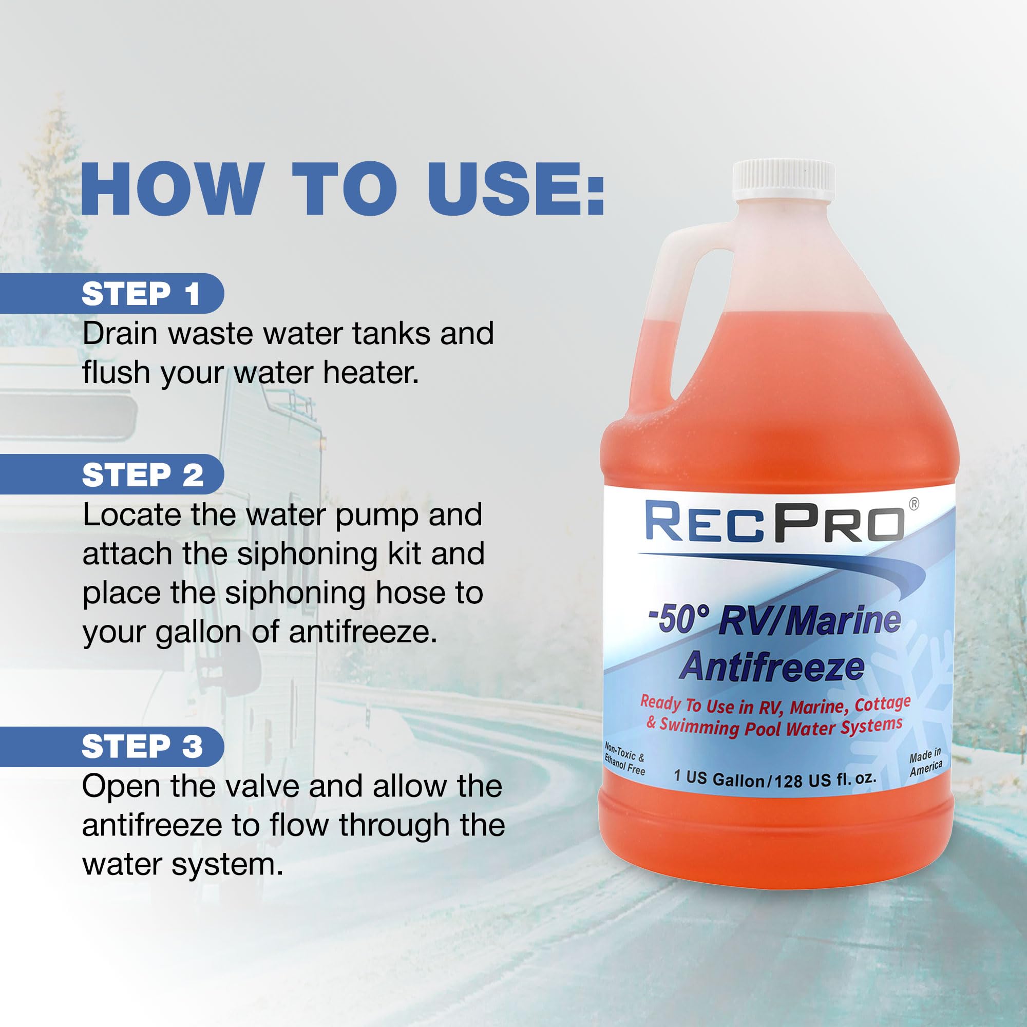 Recpro Ready To Use Rv Antifreeze Fluid For Winterizing Recreational Vehicles And Marine Engine Blocks, -50 Degree Fahrenheit Protection, 1 Gallon