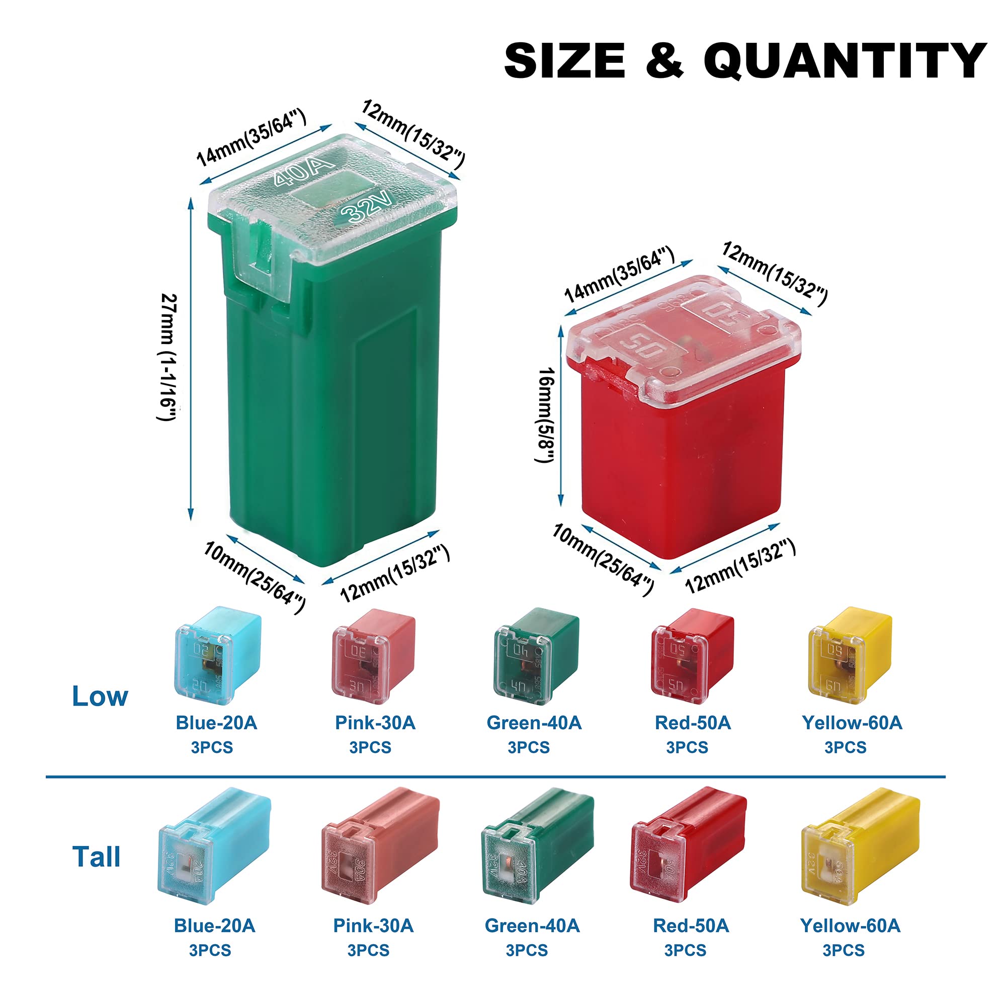 Crocsee 30 Pieces Car Fuses Assortment Kit, Tall/Standard And Low Profile Box Shaped Automotive Fuses For Ford, Chevy/Gm, Chrysler/Dodge, And Toyota Pickup Trucks, Cars And Suvs