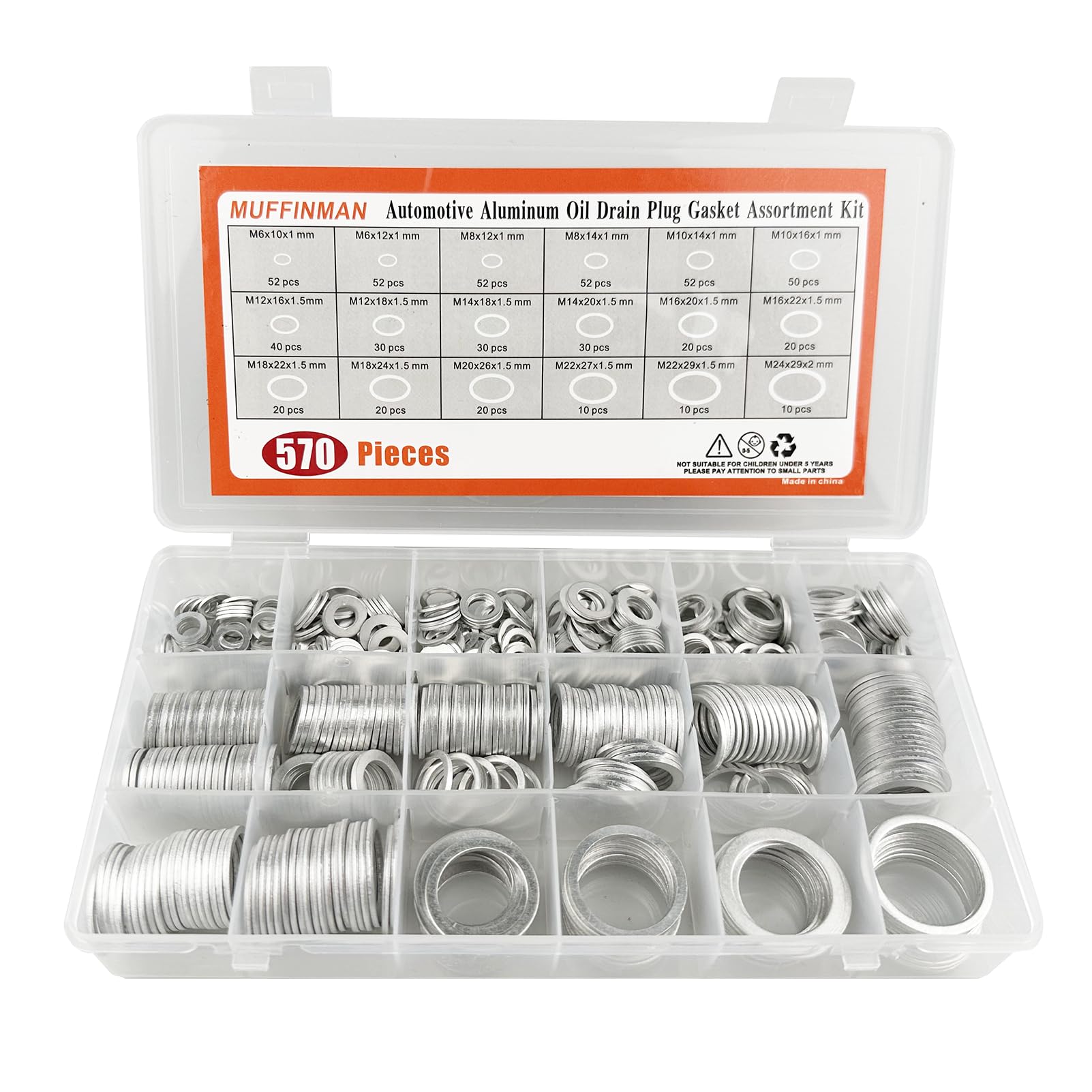 570 Pieces 18 Sizes Oil Drain Plug Gaskets Assortment Kit,Oil Crush Washers, Aluminum Flat Washers Assortment Kit,M6 M8 M10 M12 