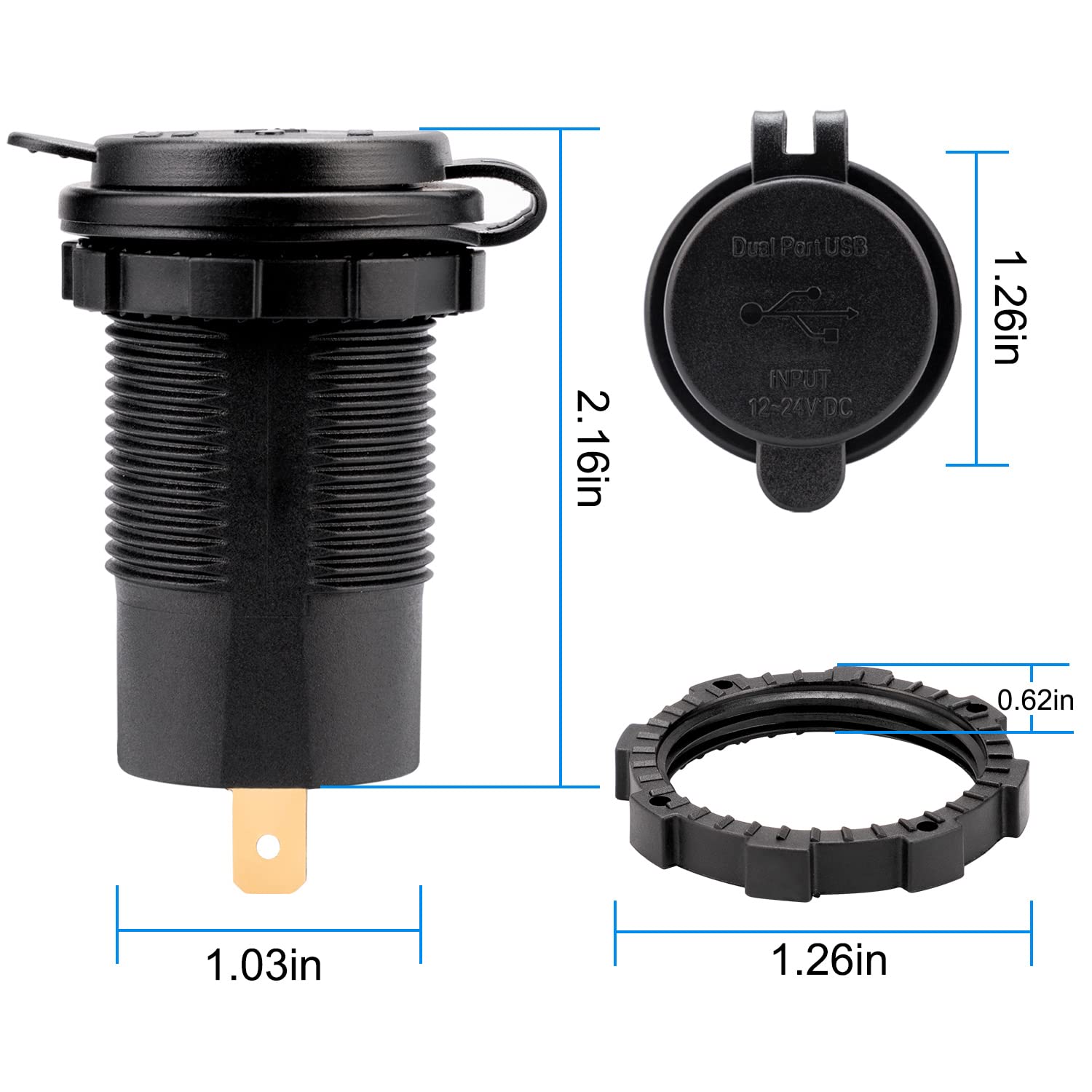Young Marine Quick Charge Type C 4.0 Port + USB 3.0 Port DC12-24V Waterproof Outlet for Marine, Boat, Car, Golf Cart, RV,UTV, AT