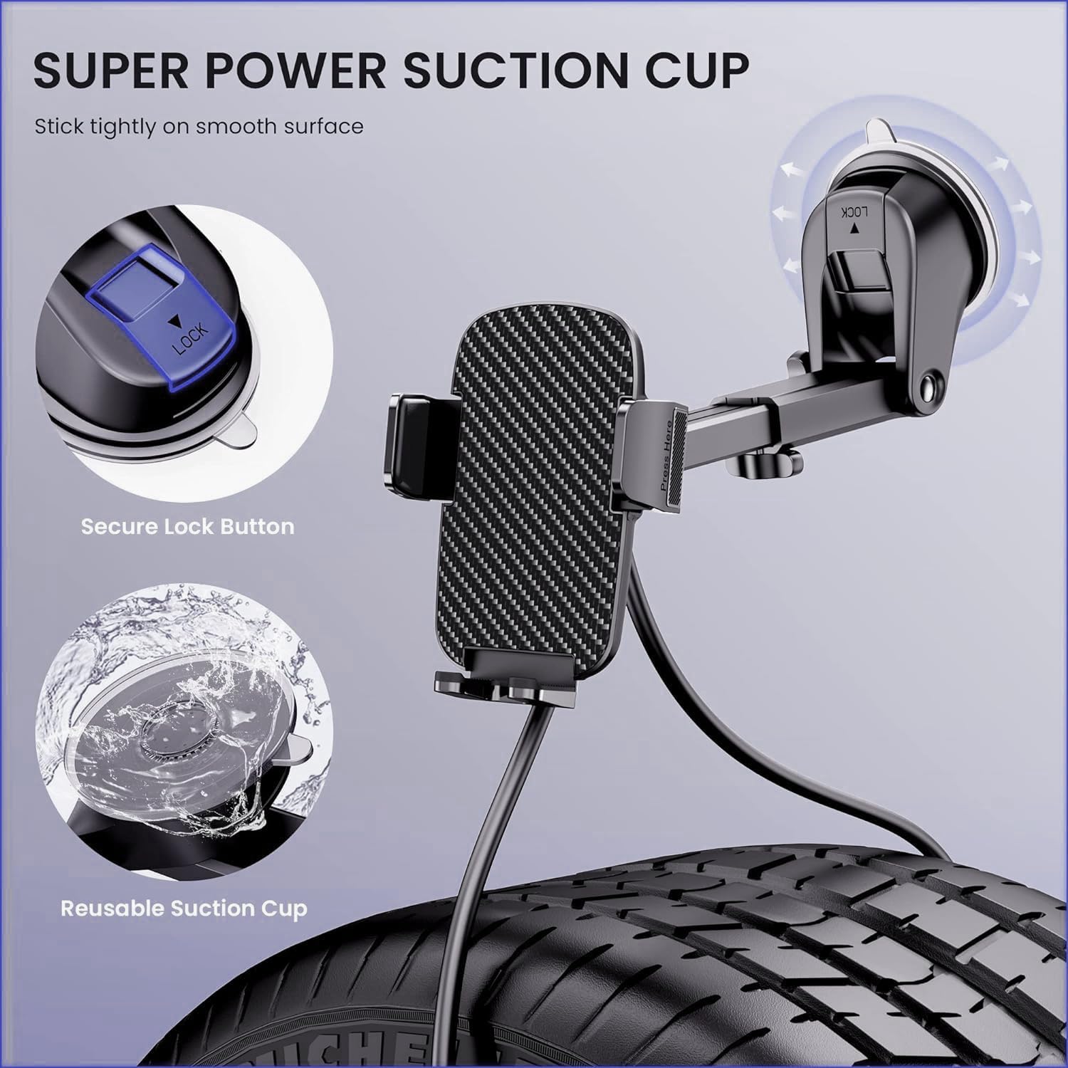 Qifutan Military-Grade Car Phone Holder - [Ultra Strong Suction] 3-in-1 Phone Mount for Dashboard, Windshield & Air Vent, Super