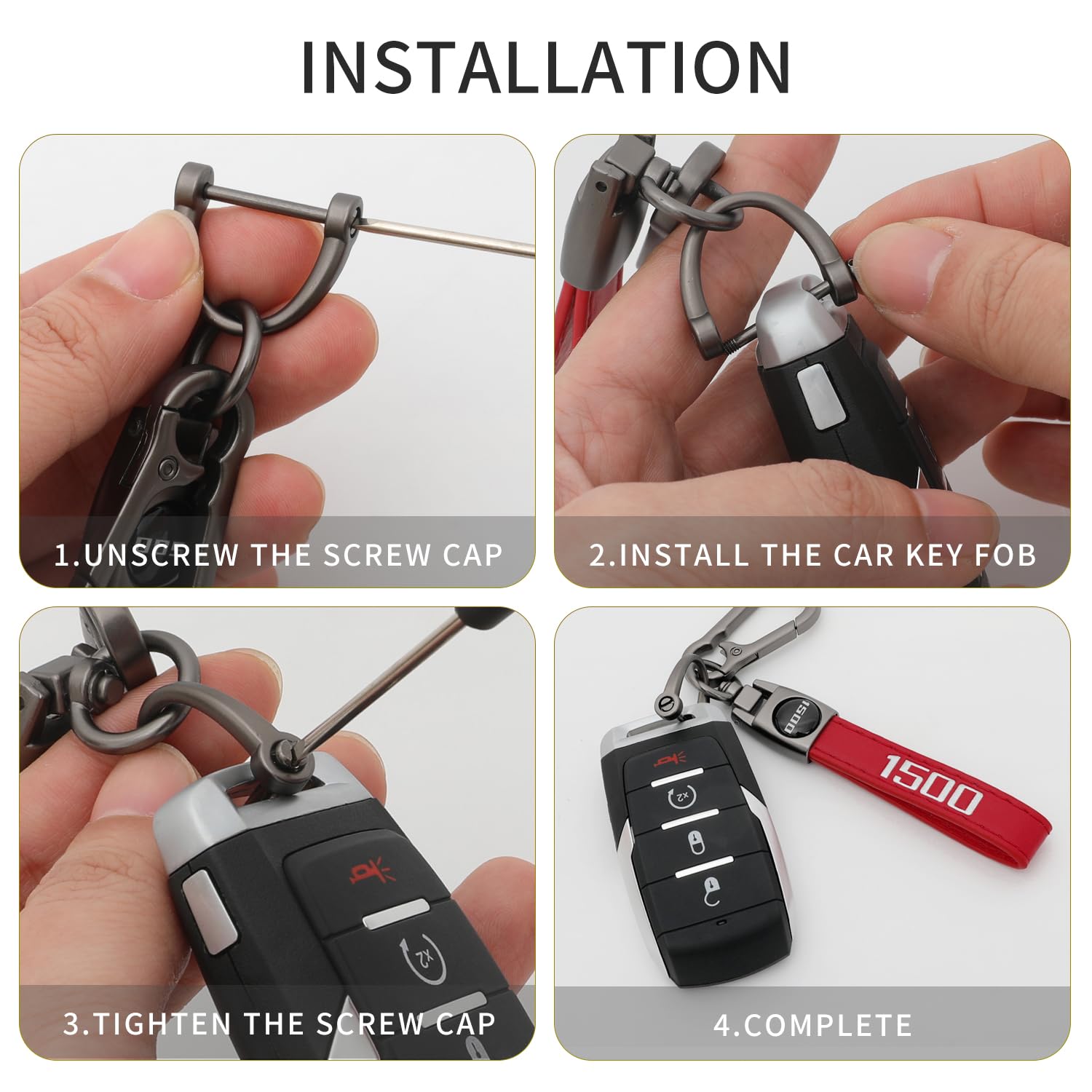 LINOAH Key Chain for Ram 1500 Leather Car Keychain, Compatiable With Dodge Ram 1500 Accessories, Red Key Chain with 360 Degree R