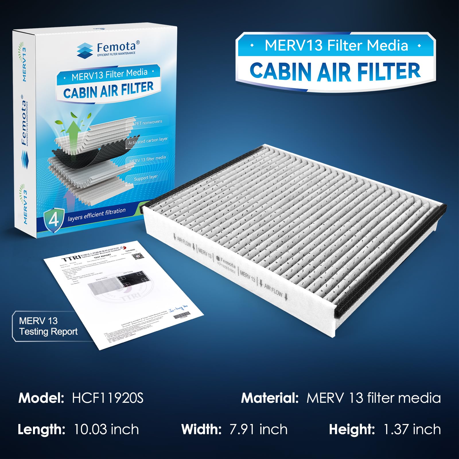 Femota MERV 13 Cabin Air Filter with Activated Carbon, CF11920 Replacement for Ford Escape, Focus, Transit Connect, C-Max, GT, L