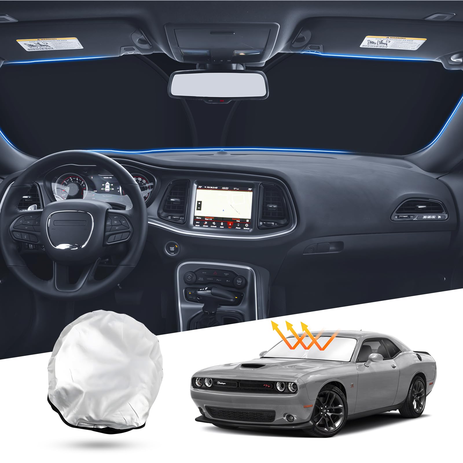 T Tgbros Windshield Sun Shade For 2015-2023 Dodge Challenger Accessories (Sxt, Rt, Gt) Front Window Sun Shield Reflective Polyes