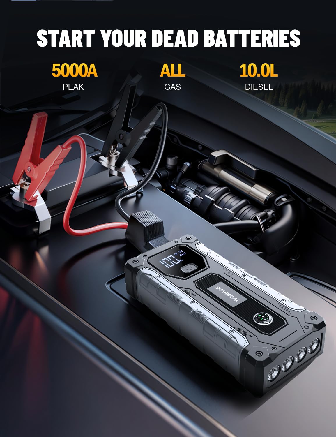 Sharmeal Car Jump Starter 5000A, Jump Starter Battery Pack For 10.0L Gas And 8.0L Diesel, 12V Portable Jump Box With Led Light