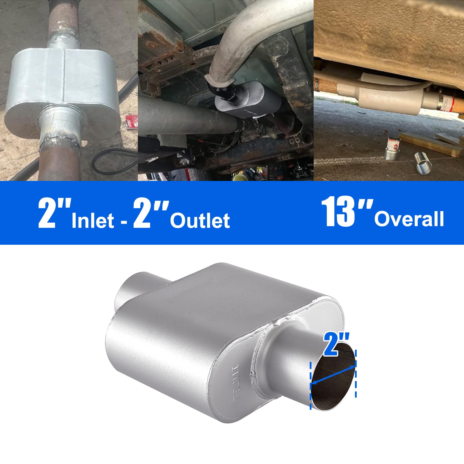 Floshine Universal Mufflers,Performance Automotive Exhaust Muffler,Single Chamber 2 Inch Inlet/2 Inch Outlet Fh420109