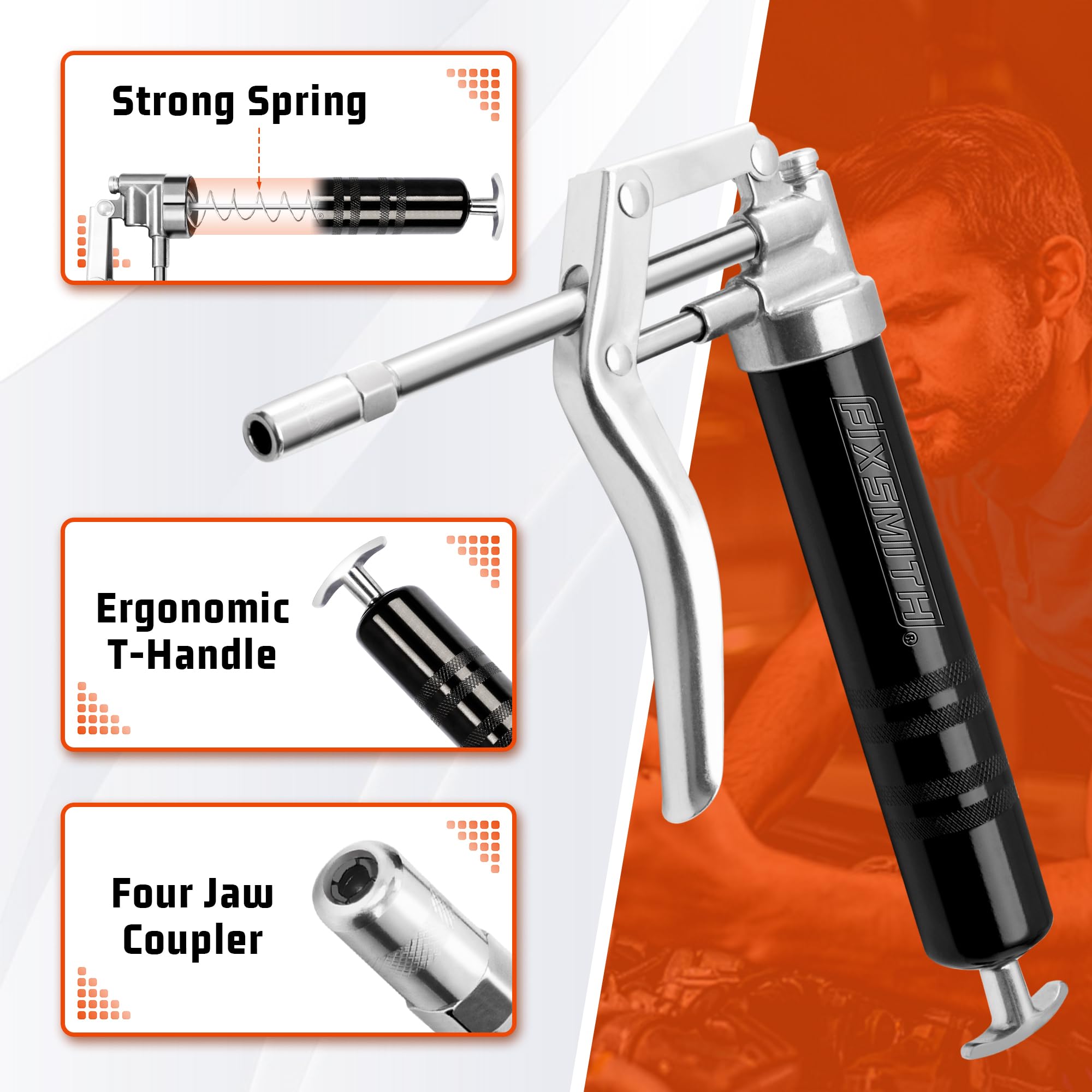 FIXSMITH Mini Grease Gun, Small Pistol Grip Grease Gun, Design for 3oz Cartridges. with 6.6 inch Rigid Extension Pipe, 3-Way Loa