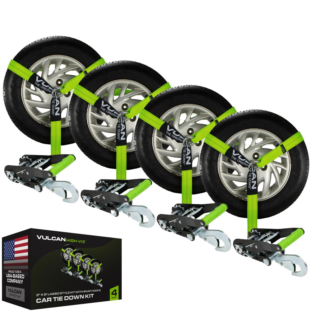 Vulcan Car Tie Down With Snap Hooks - Lasso Style - 2 Inch X 96 Inch - 4 Pack - High-Viz - 3,300 Pound Safe Working Load