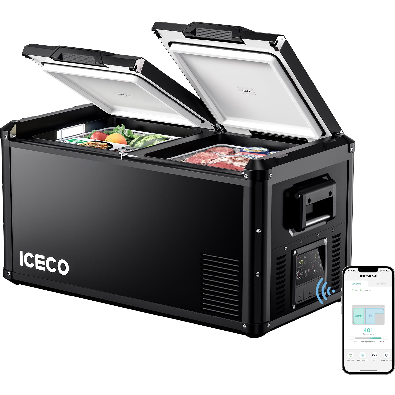 Iceco Vl75 Prod Portable Refrigerator, Multi-Directional Lid, Dual Usb & Dc 12/24V, Ac 110-240V, 75L Dual Zone Steel Compact Refrigerator Powered By Secop, 0? To 50?, Home & Car Use [Upgrade]