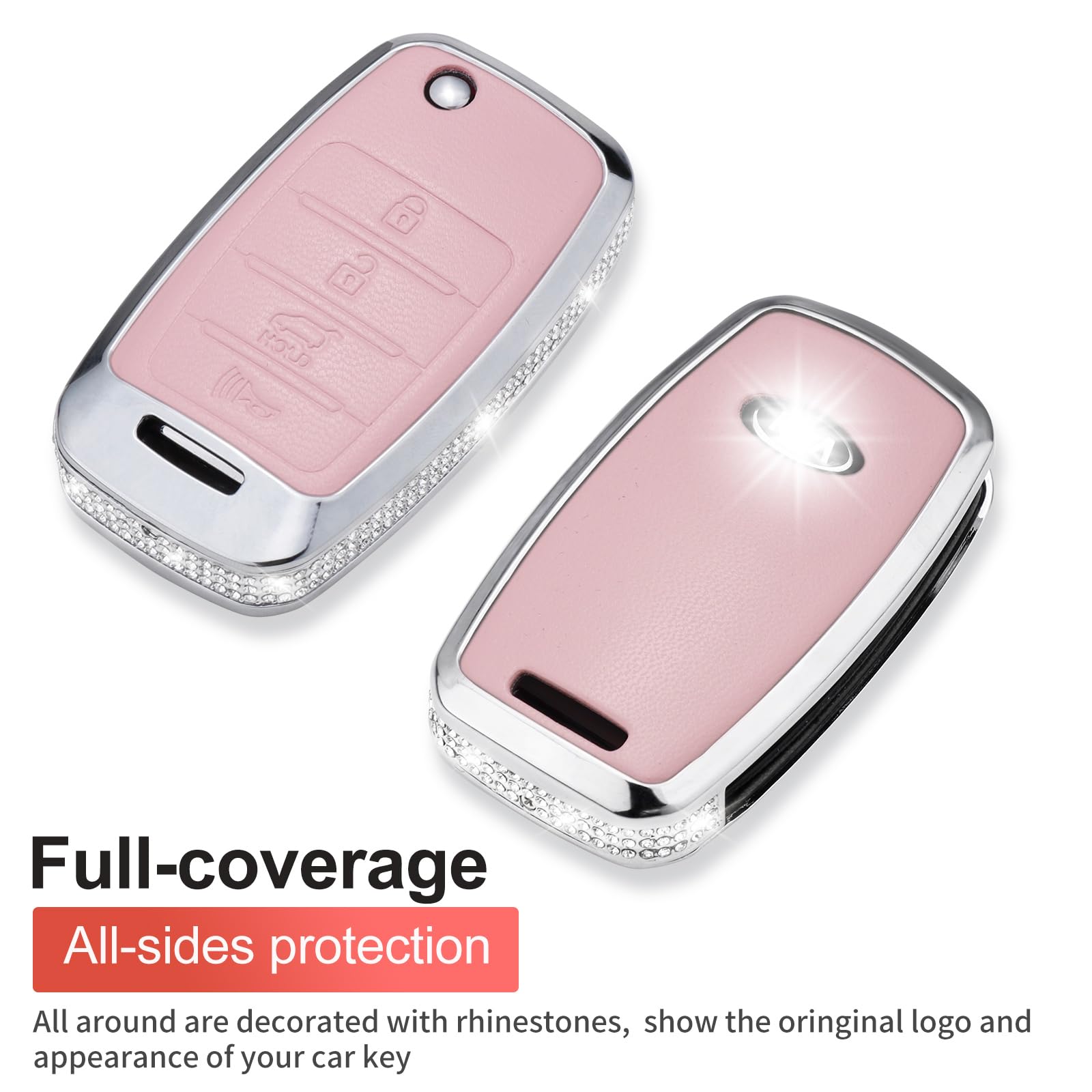 Ruabiban For Kia Key Fob Cover With Keychain, Pink Leather Crystal Key Case Protection Shell Compatible With Kia Sedona Rio Opti