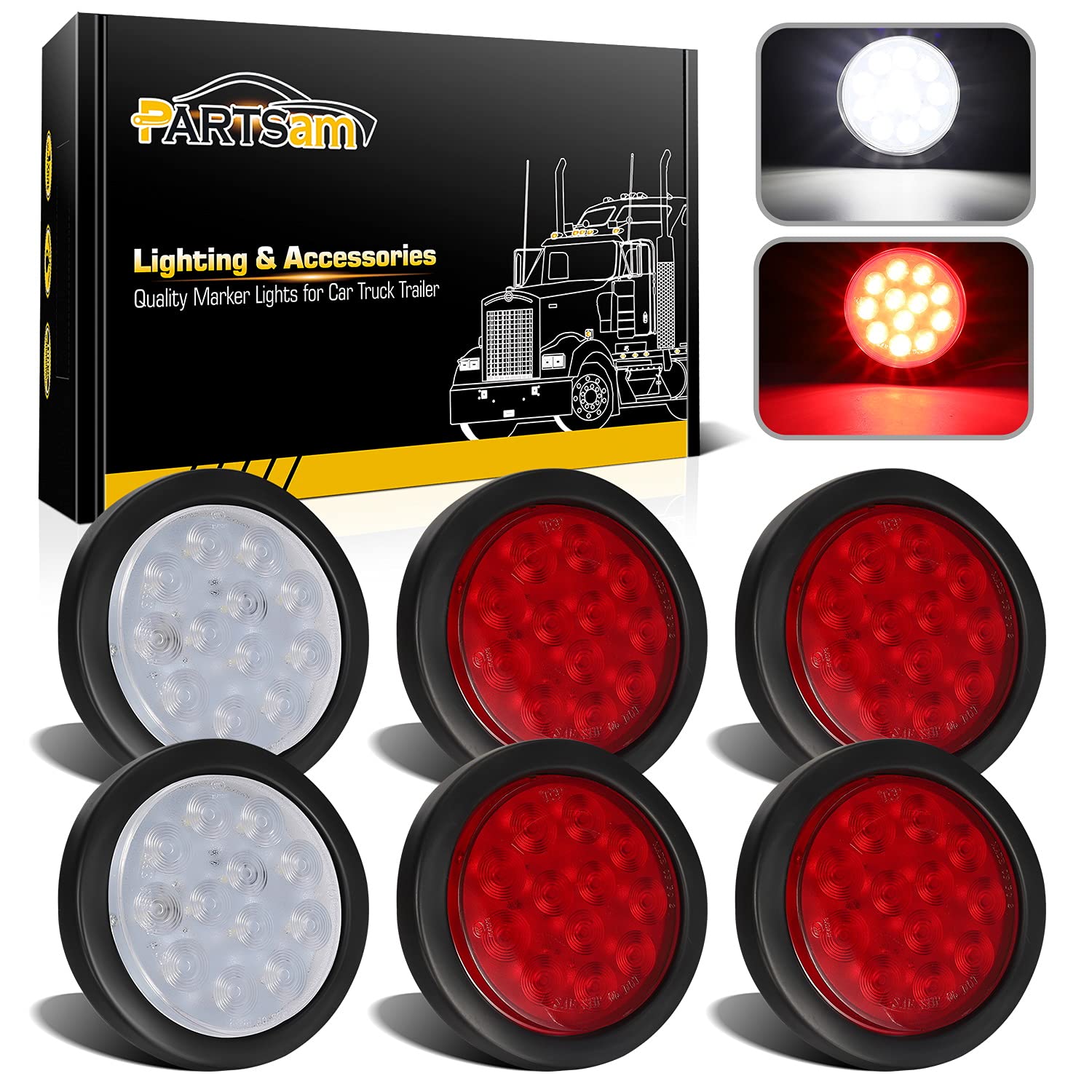 Partsam 6Pcs 4 Inch Round Led Trailer Tail Lights Kit - Round Led Stop Turn Tail Back-Up Reverse Fog Lights 12 Led Include Light