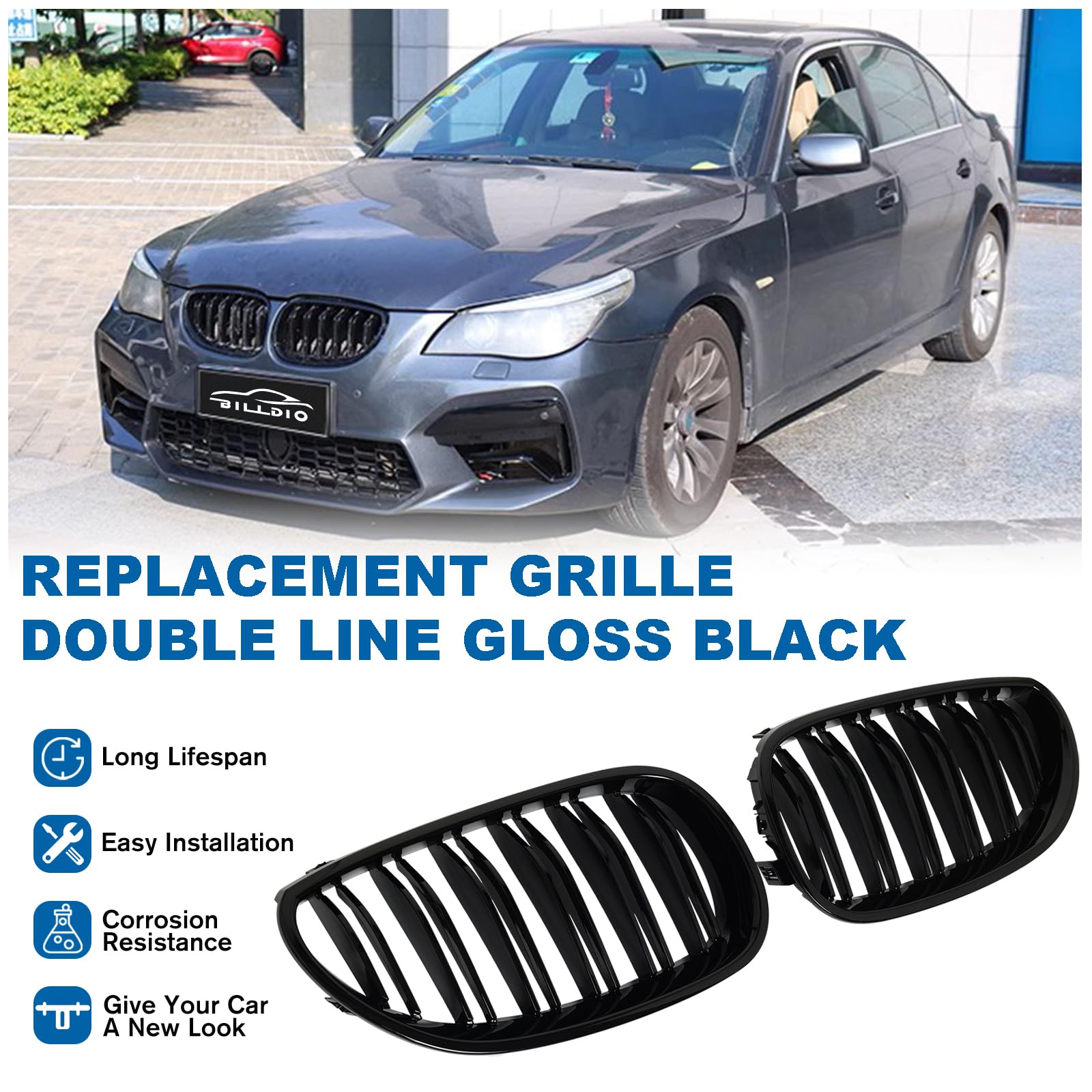 Billdio E60 Grille - Front Kidney Grille Double Slats Glossy Black Compatible With 2003-2009 Bmw 5 Series 520I 523I 525I 528I 53