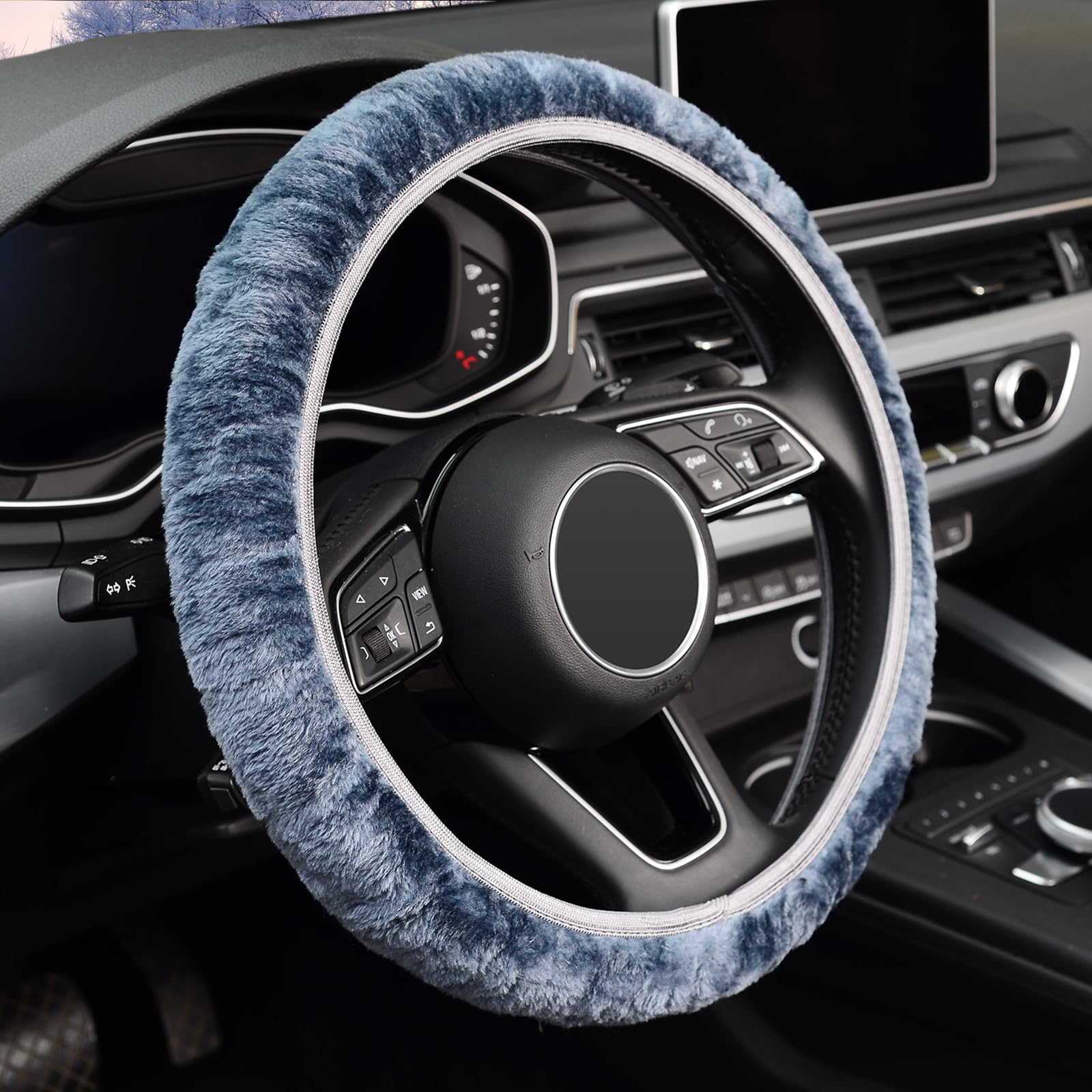 KAFEEK Elastic Long Microfiber Plush Steering Wheel Cover for Winter Warm, Universal 15 inch, Anti-Slip, Odorless, Gray