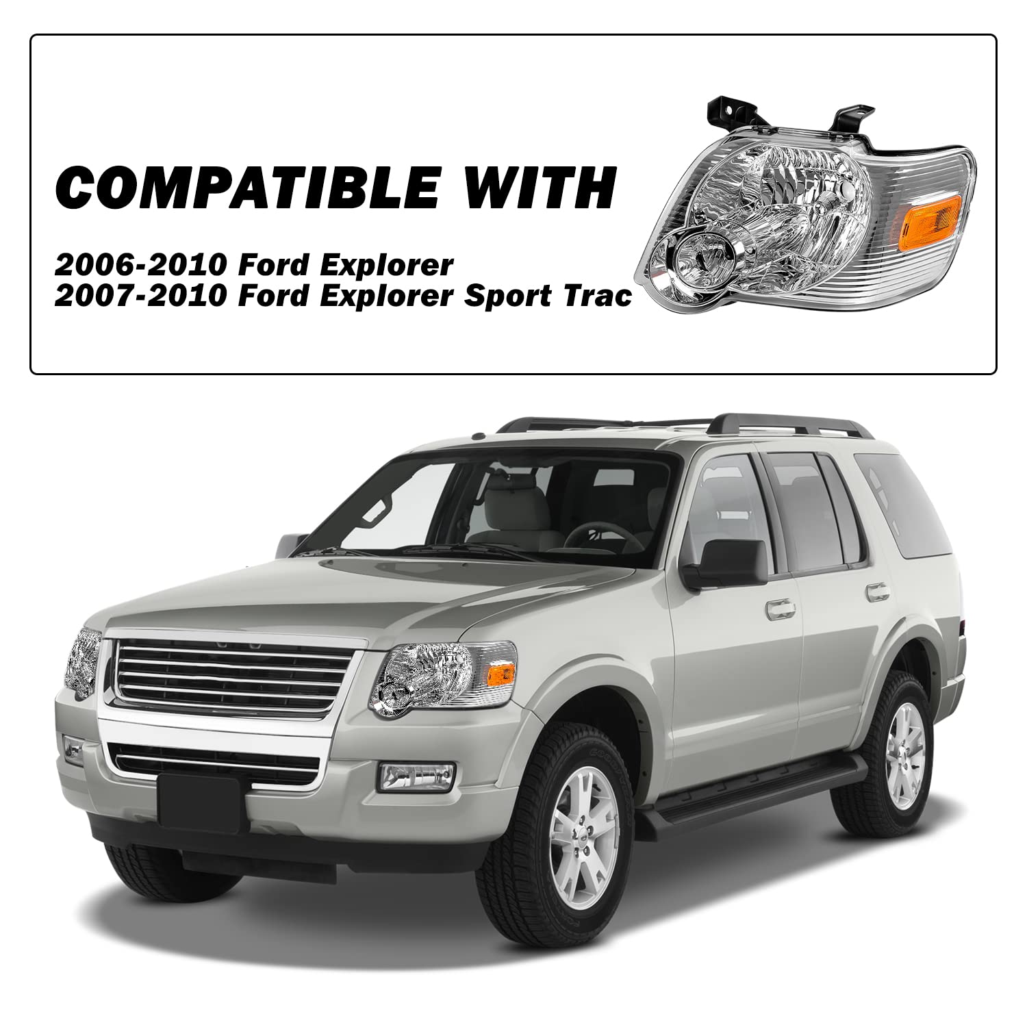 Sockir Headlight Assembly Replacement For 2006-2010 Ford Explorer Oe Style Headlamp Passenger & Driver Side(Chrome Housing With Amber Reflector)