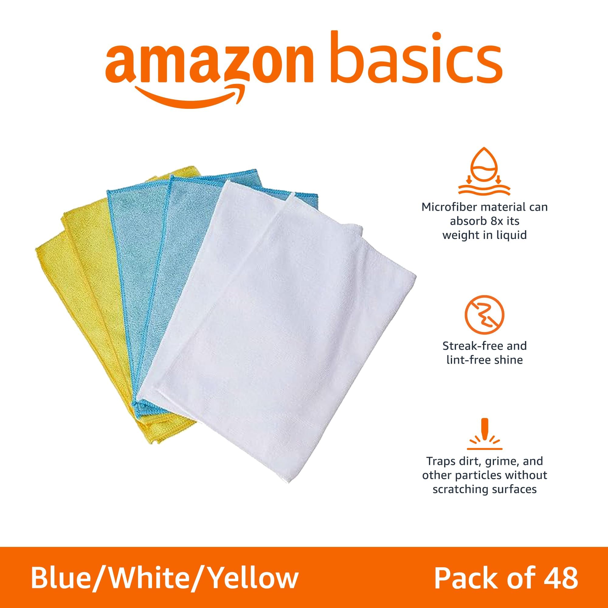 Amazon Basics Microfiber Cleaning Cloths, Non-Abrasive, Reusable And Washable, Pack Of 48, Multicolor, 16'' X 12''