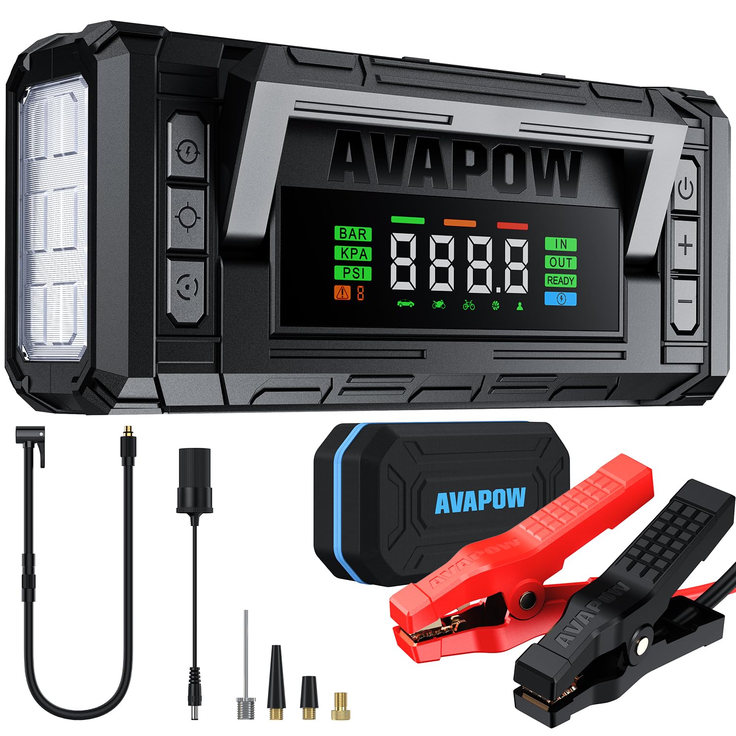 AVAPOW Jump Starter with Air Compressor, 5000A 150PSI Car Battery Jump Starter Portable with 4 HD Display 12V Jump Box & Battery