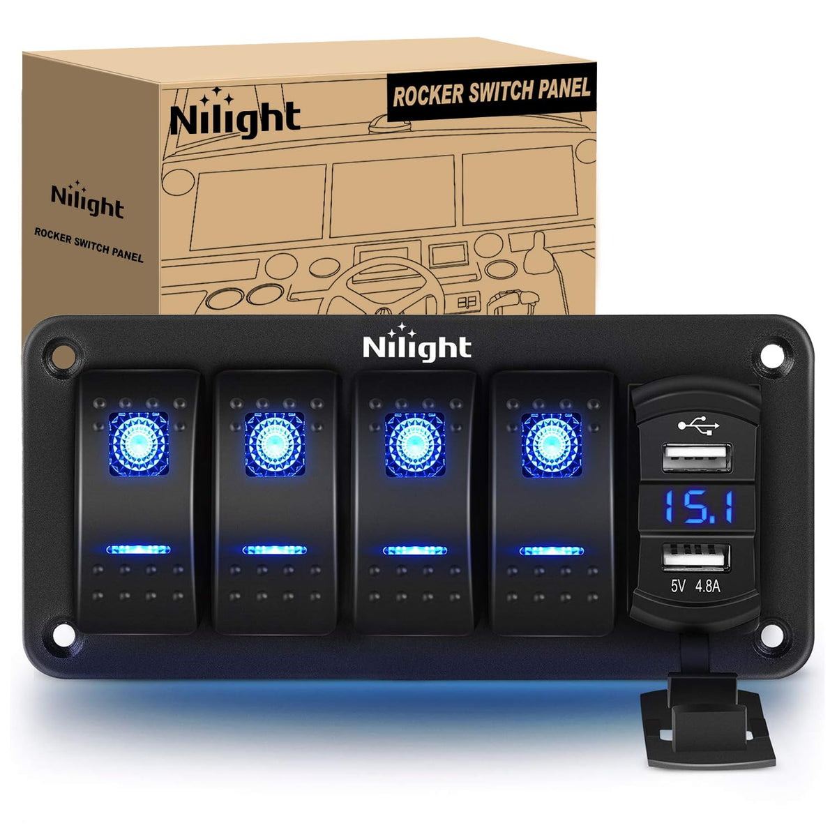 Nilight 4 Gang Rocker Switch Panel with 4.8 Amp Dual USB Charger Voltmeter Waterproof 12V 24V DC Rocker Switch with Night Glow S
