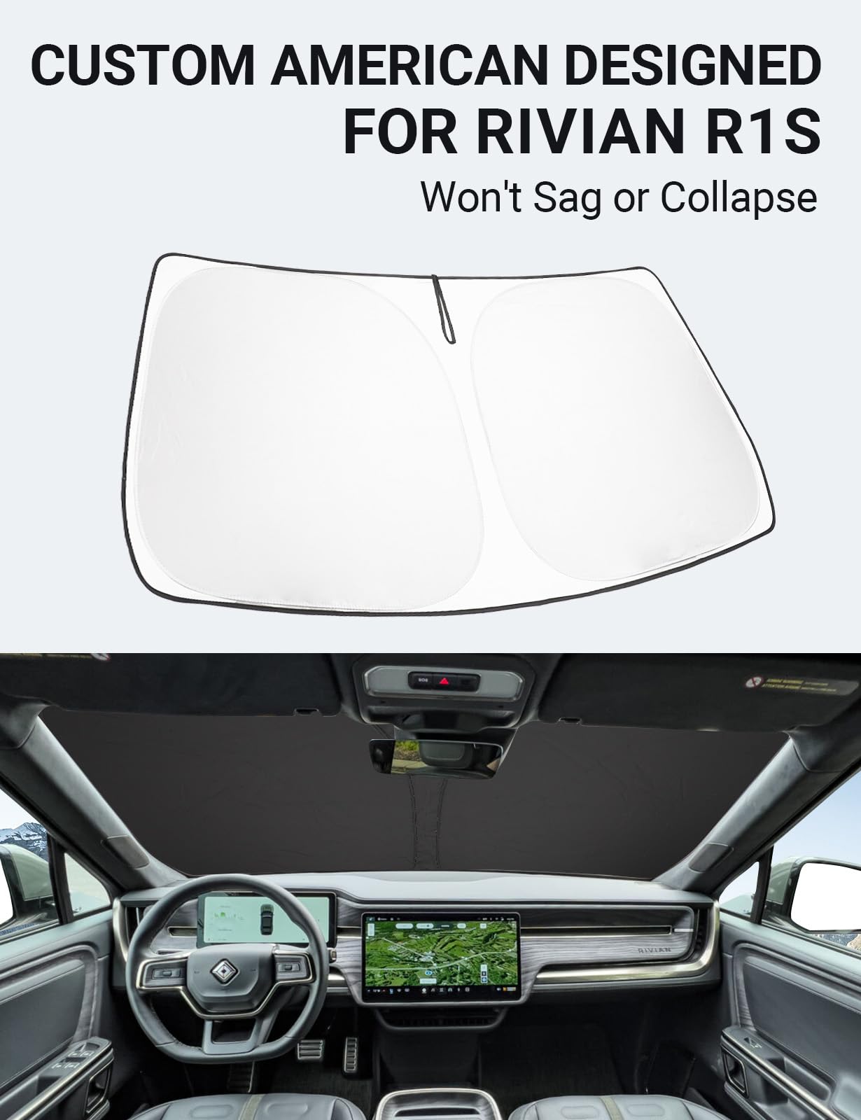 Proadsy 2025 Upgrade Windshield Sun Shade Custom Fit Rivian R1S 2022-2025 4-Layer Foldable Front Sunshade Protector Sun Visor Bl