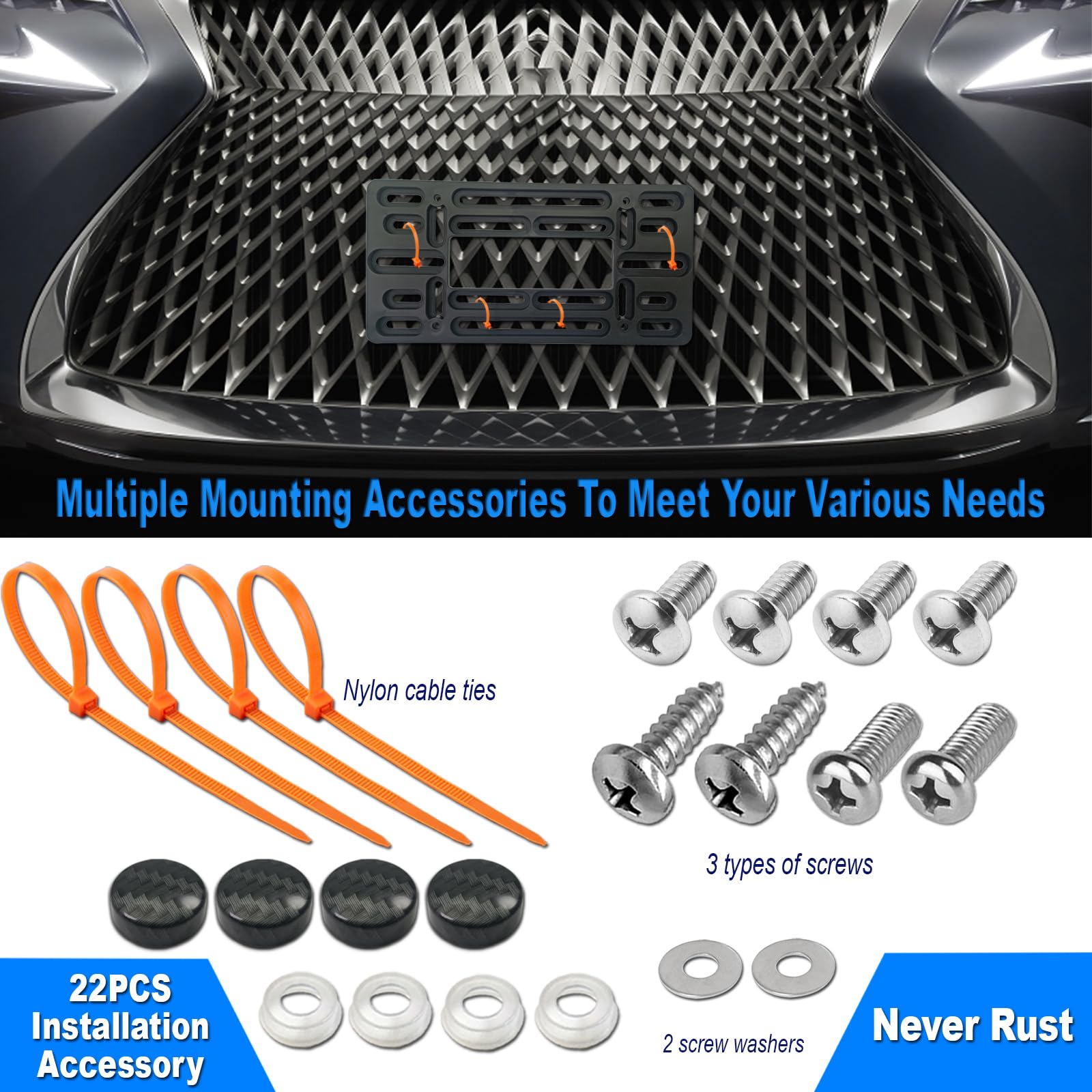 Zxfoog Front License Plate Mounting Kit- Bumper License Plate Bracket & Aluminum Carbon Pattern Car Tag Frame, Universal No Drilling Hole Adapter For Truck/Trailer, With Screws Cap, Rattle Proof Pad