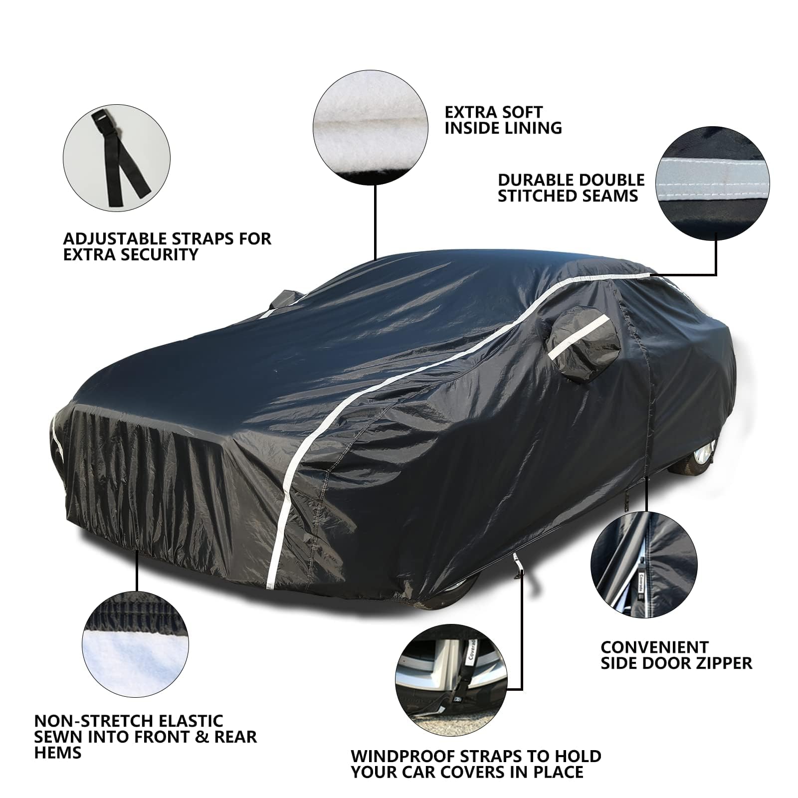 Tecoom Car Cover Waterproof All Weather, Car Covers For Automobiles With Zipper Door, Cotton Backing Car Cover, Windproof Sun Uv